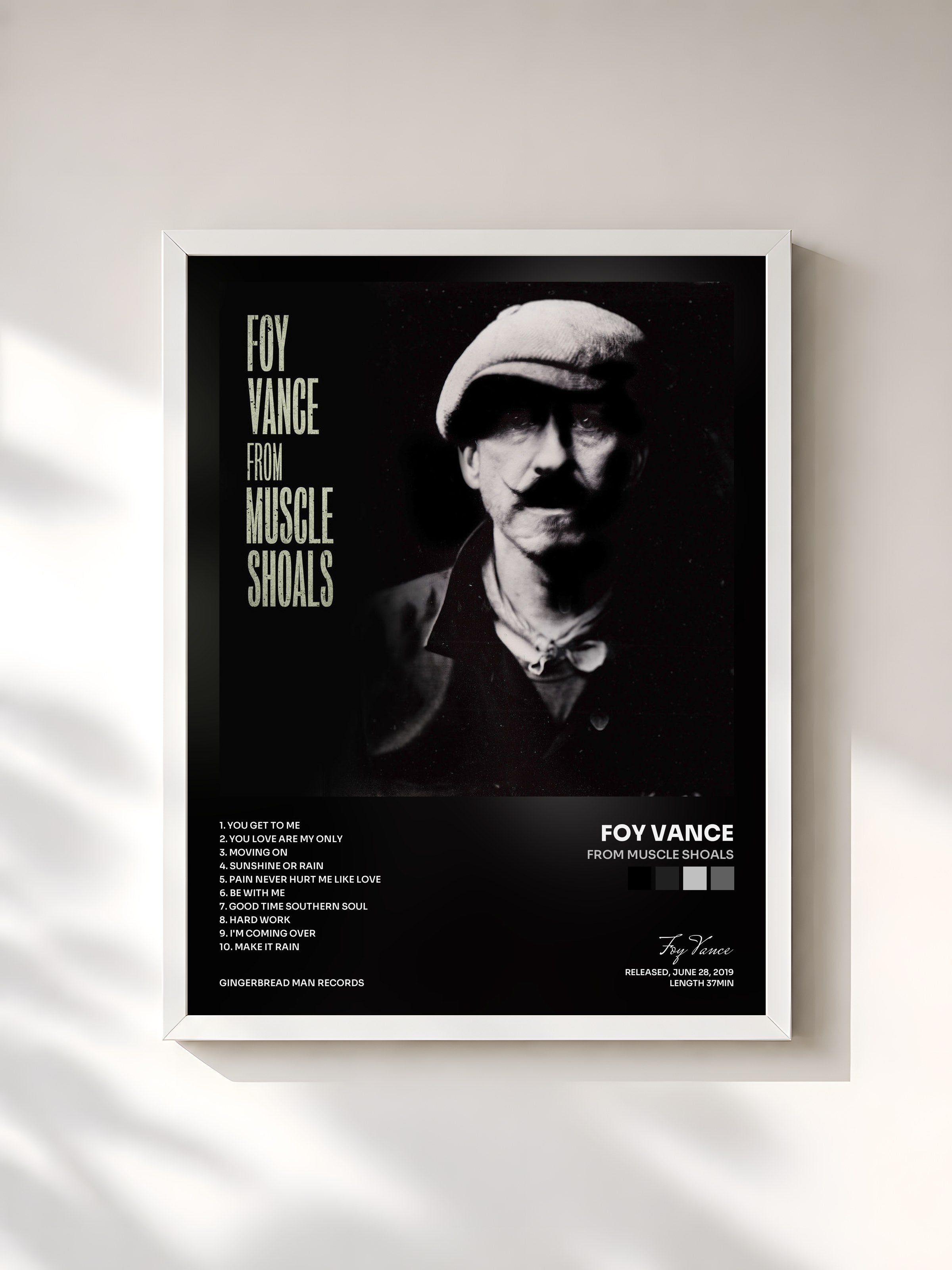 #blanc Tableau de l'album From Muscle Shoals de Foy Vance, cadre blanc, imprimé et encadré en France