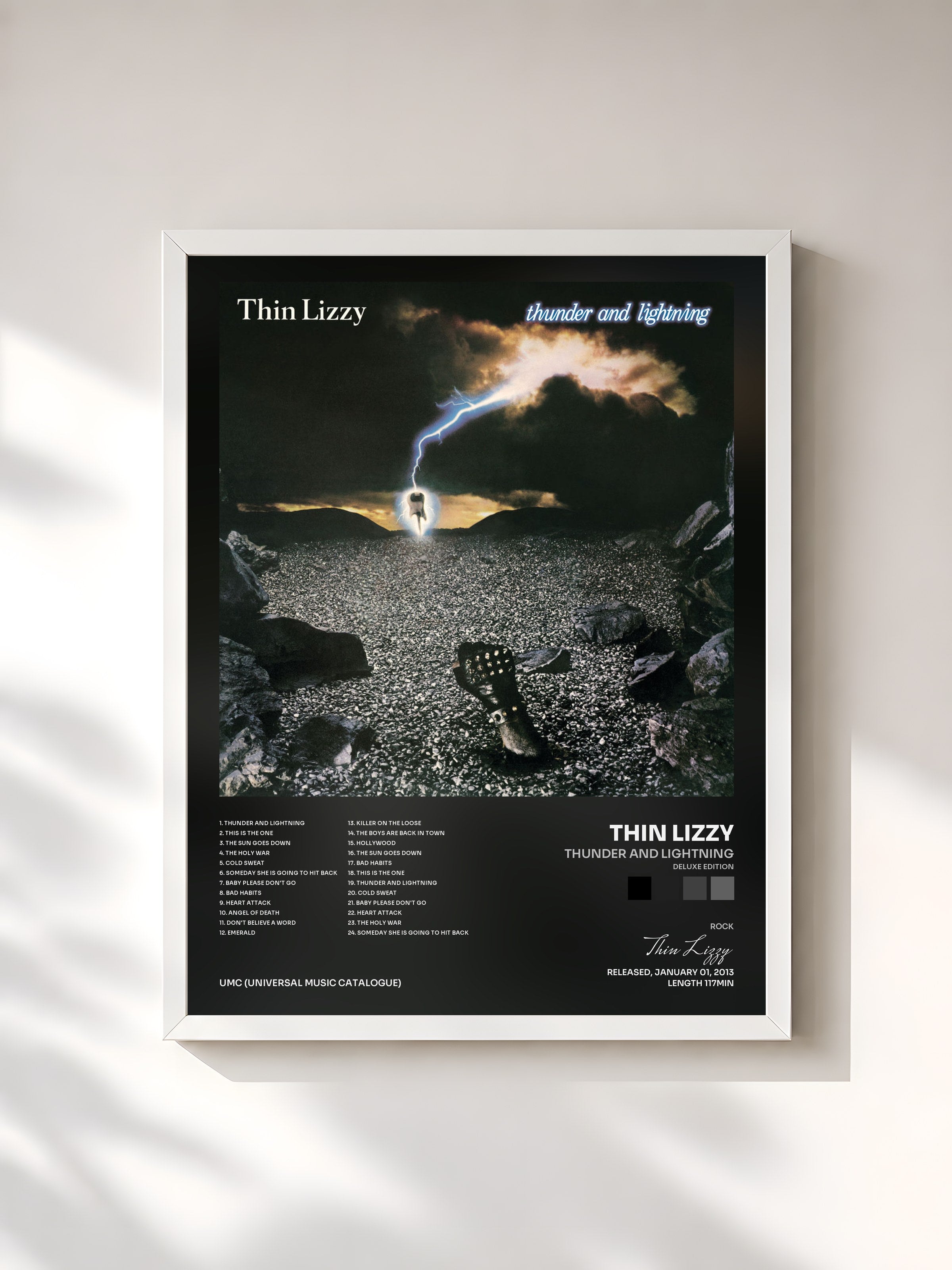 #blanc Tableau de l'album Thunder And Lightning (Deluxe Edition) de Thin Lizzy, cadre blanc, imprimé et encadré en France