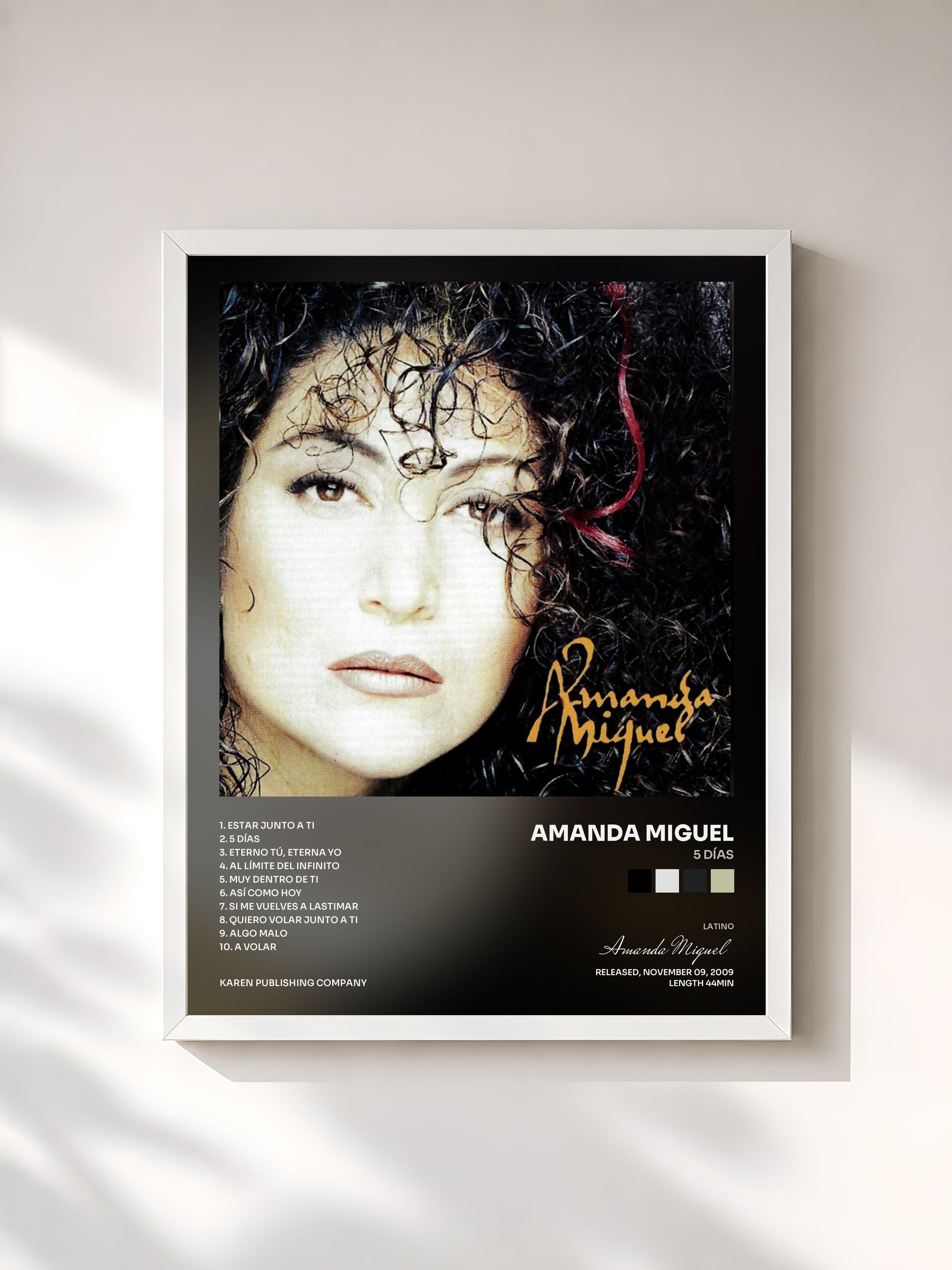 #blanc Tableau de l'album 5 Días de Amanda Miguel, cadre blanc, imprimé et encadré en France