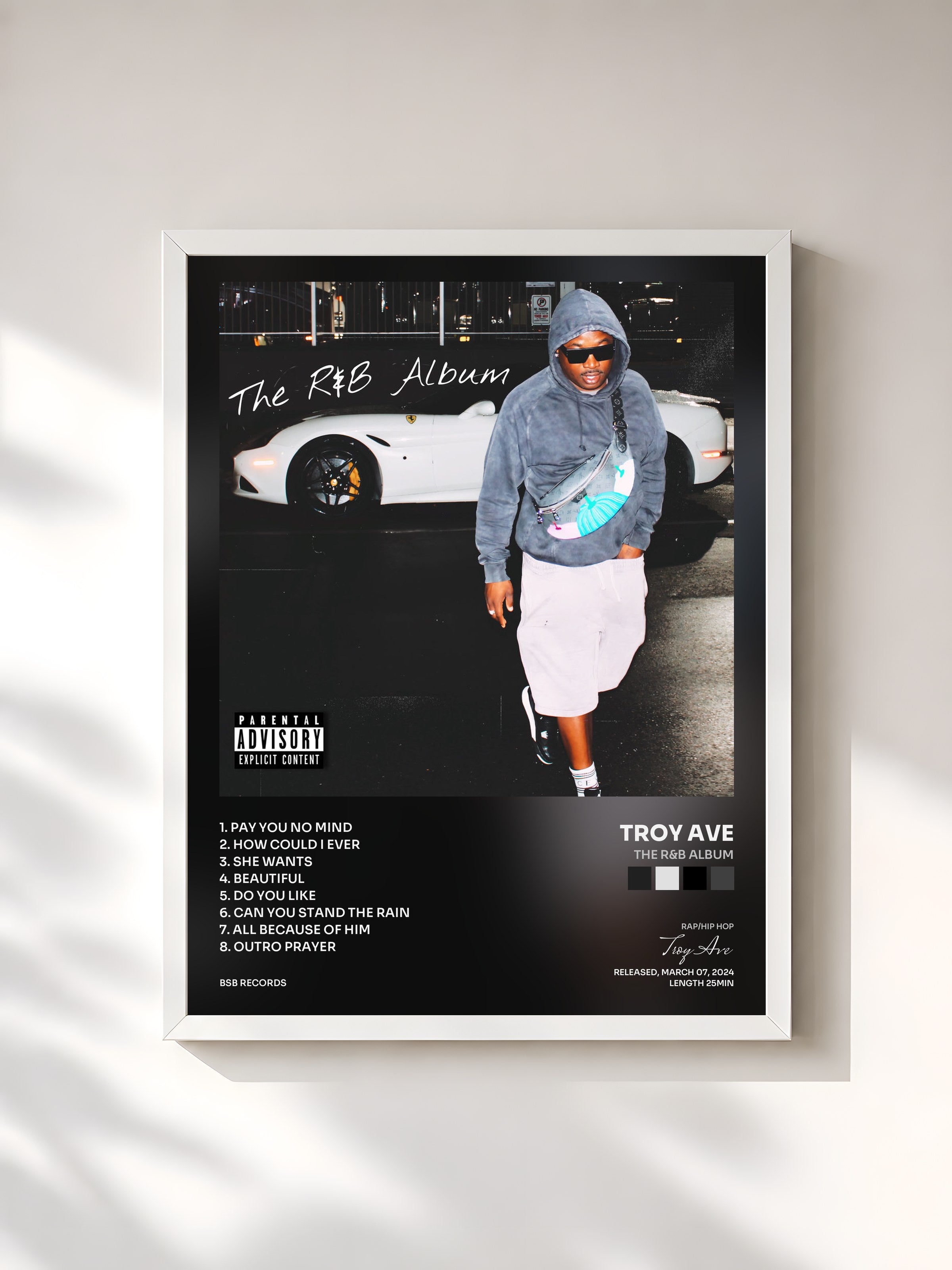 #blanc Tableau de l'album The R&B Album de Troy Ave, cadre blanc, imprimé et encadré en France