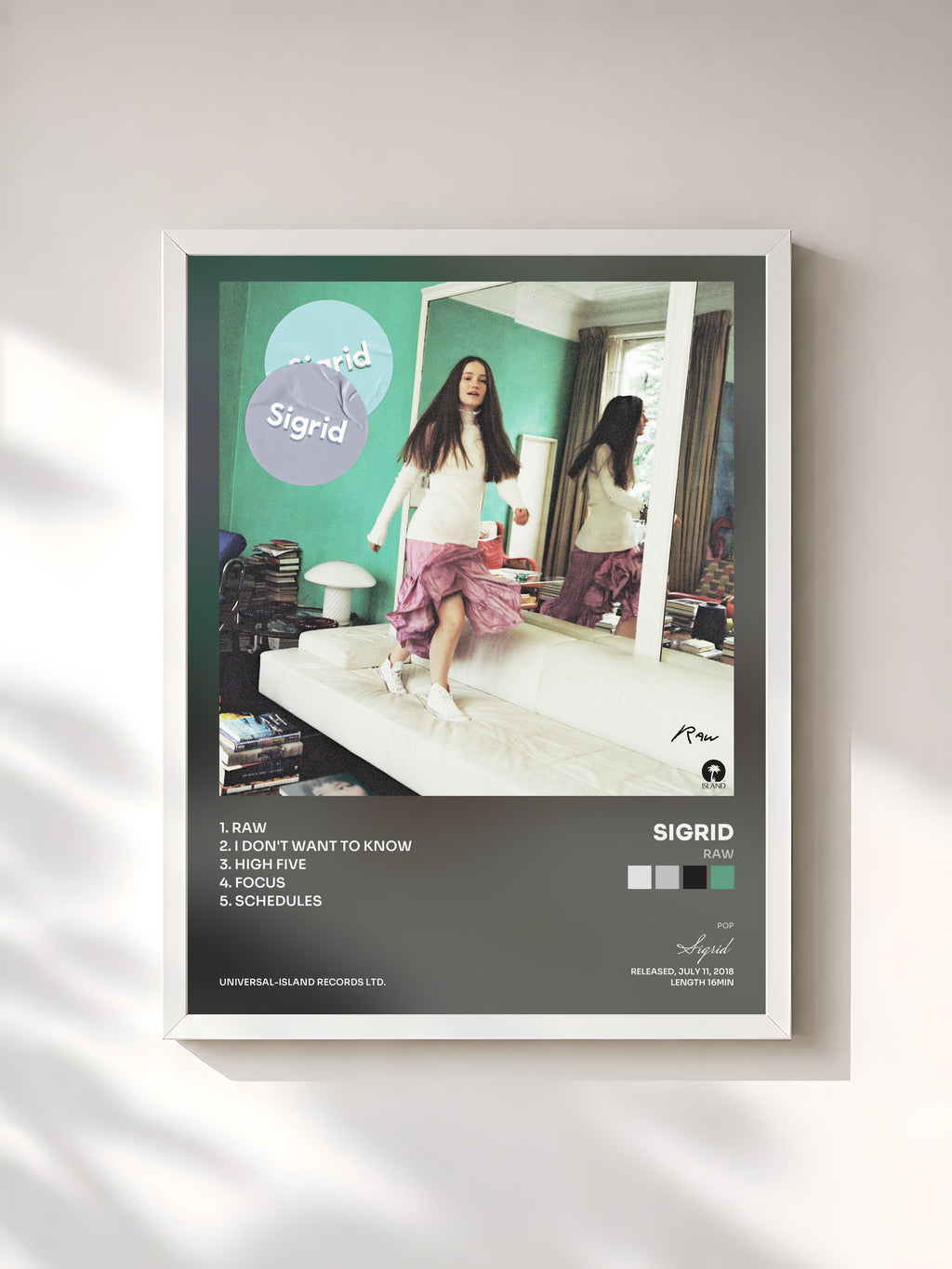 #blanc Tableau de l'album Raw de Sigrid, cadre blanc, imprimé et encadré en France