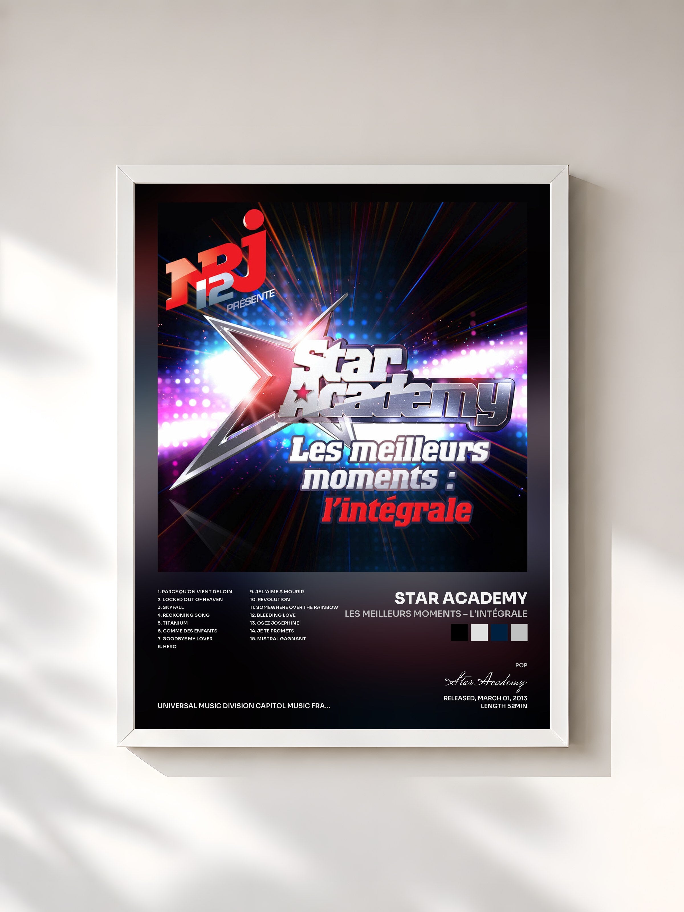 #blanc Tableau de l'album Les Meilleurs Moments – L’Intégrale de Star Academy, cadre blanc, imprimé et encadré en France
