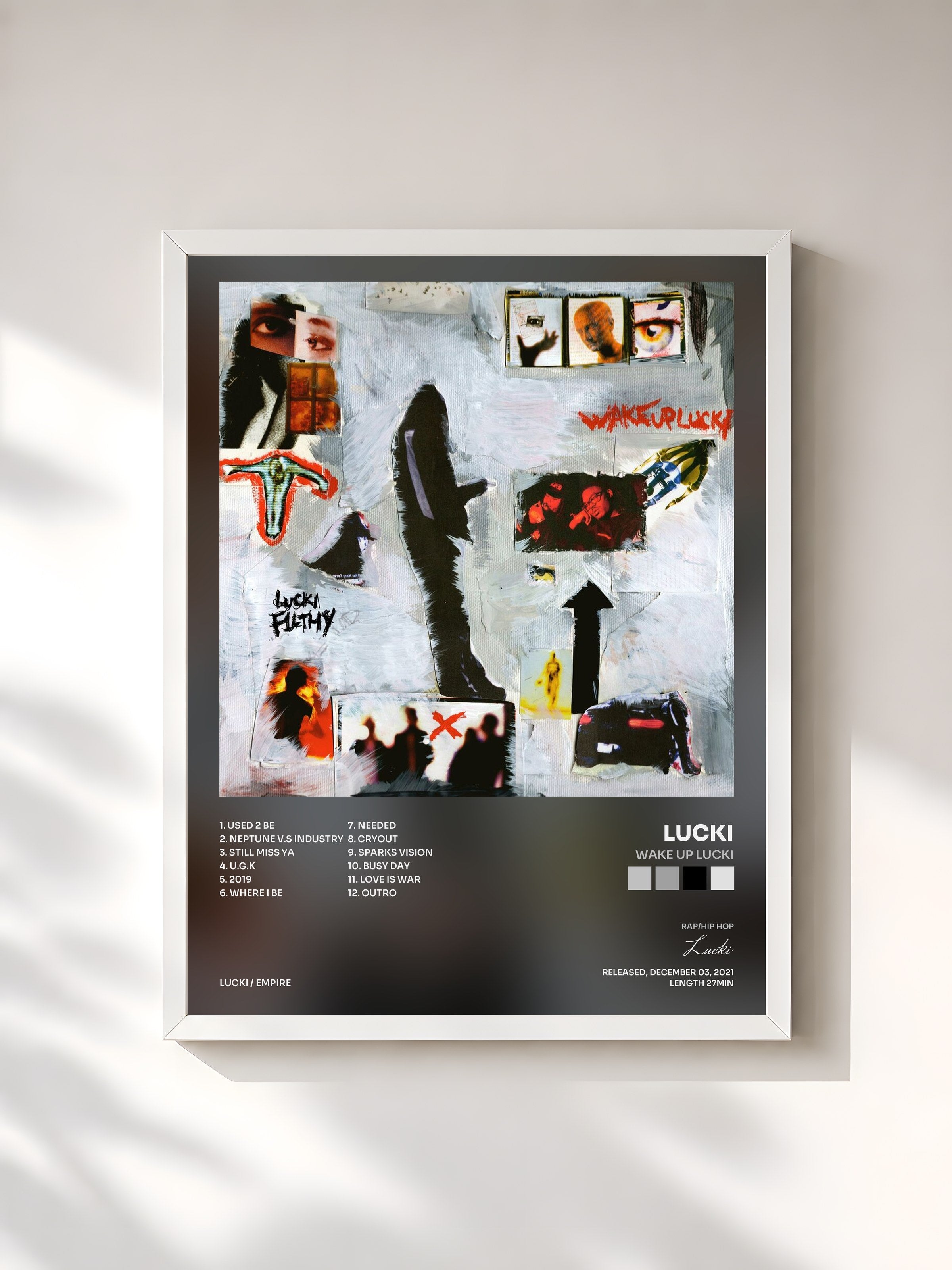 #blanc Tableau de l'album WAKE UP LUCKI de Lucki, cadre blanc, imprimé et encadré en France