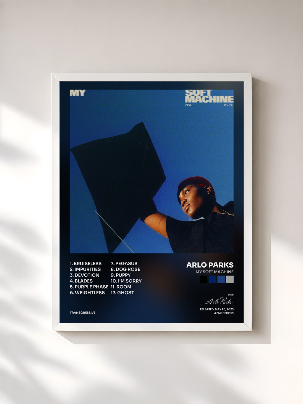 #blanc Tableau de l'album My Soft Machine de Arlo Parks, cadre blanc, imprimé et encadré en France