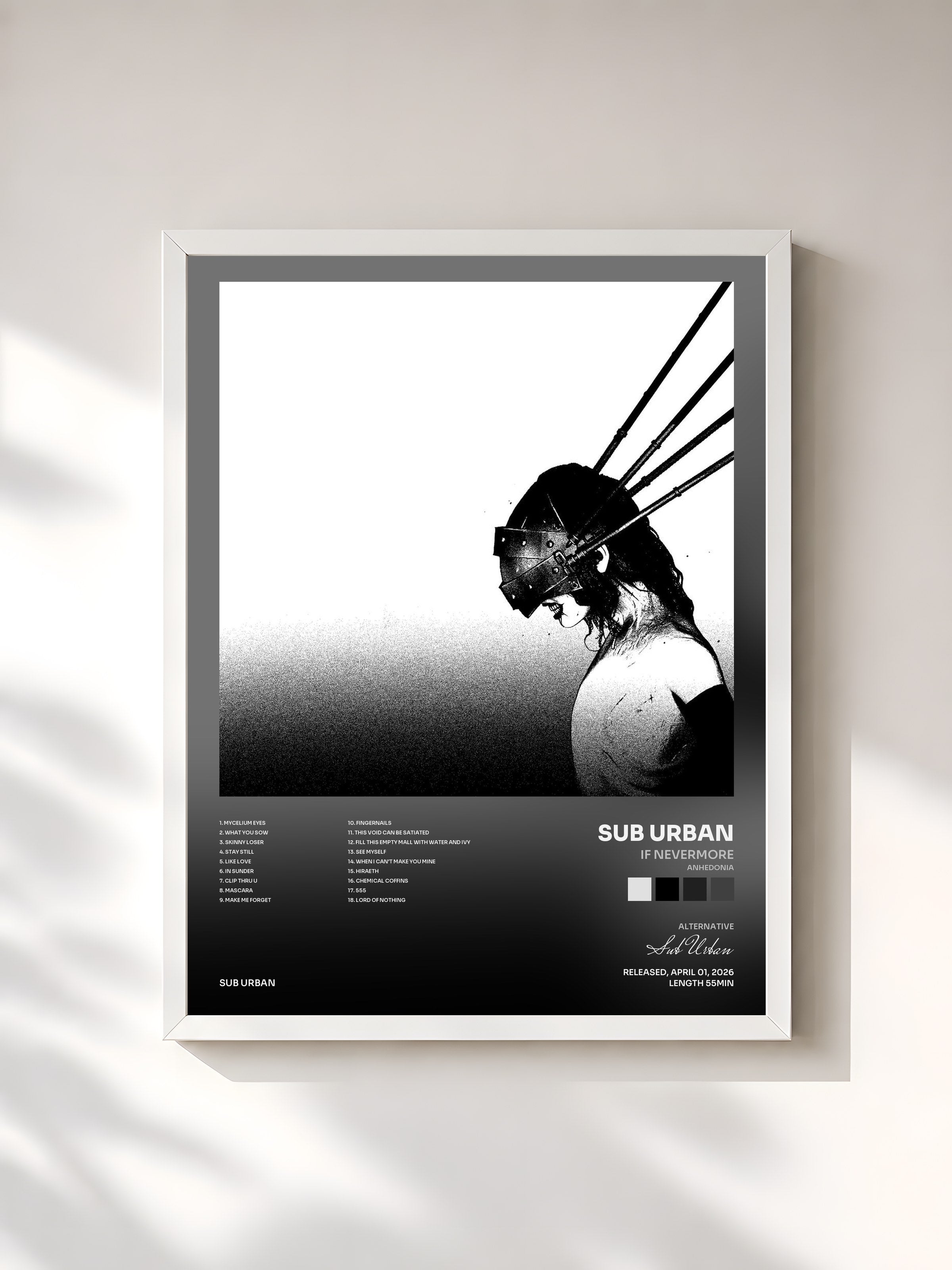 #blanc Tableau de l'album If Nevermore (Anhedonia) de Sub Urban, cadre blanc, imprimé et encadré en France