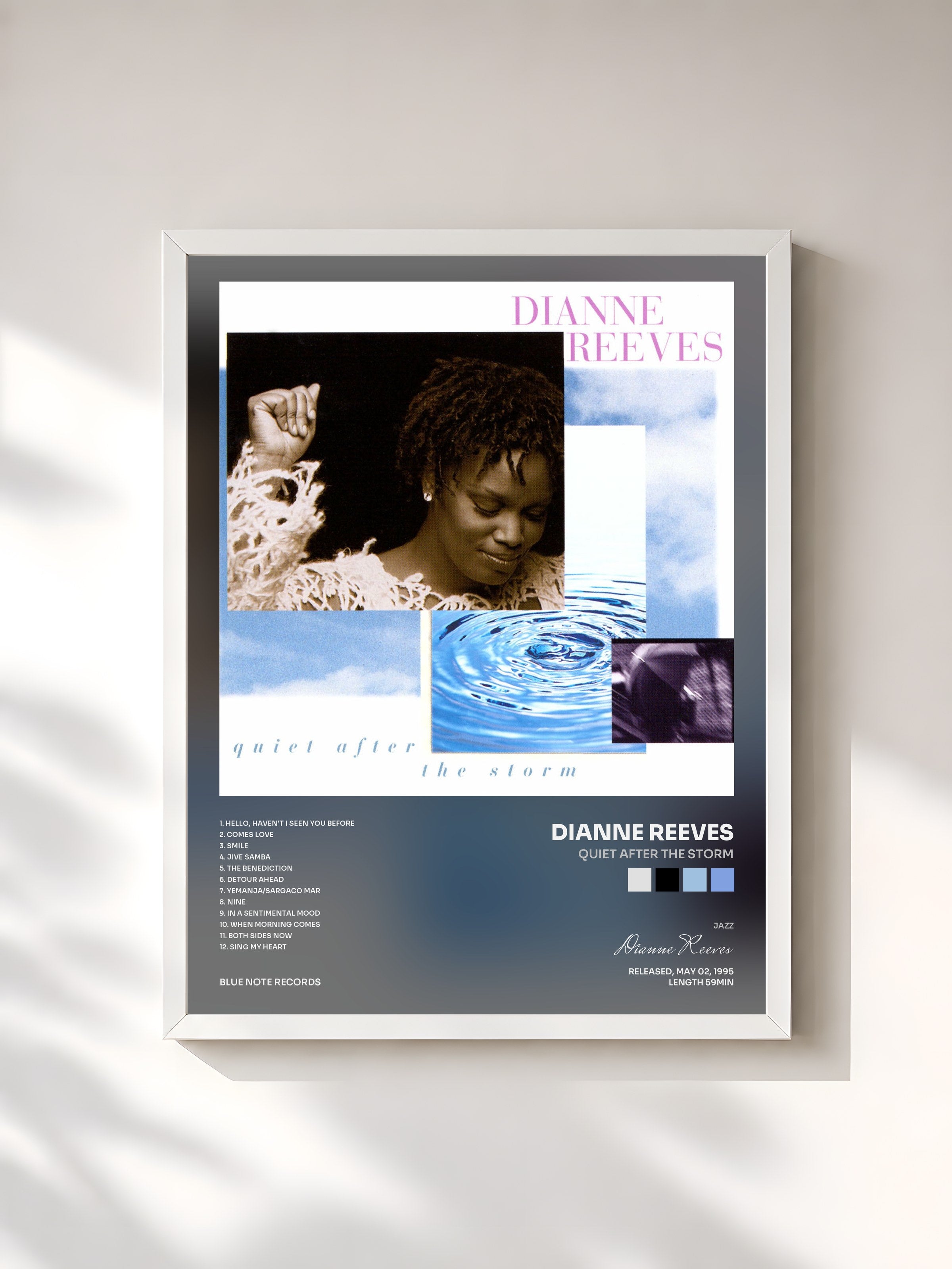 #blanc Tableau de l'album Quiet After The Storm de Dianne Reeves, cadre blanc, imprimé et encadré en France