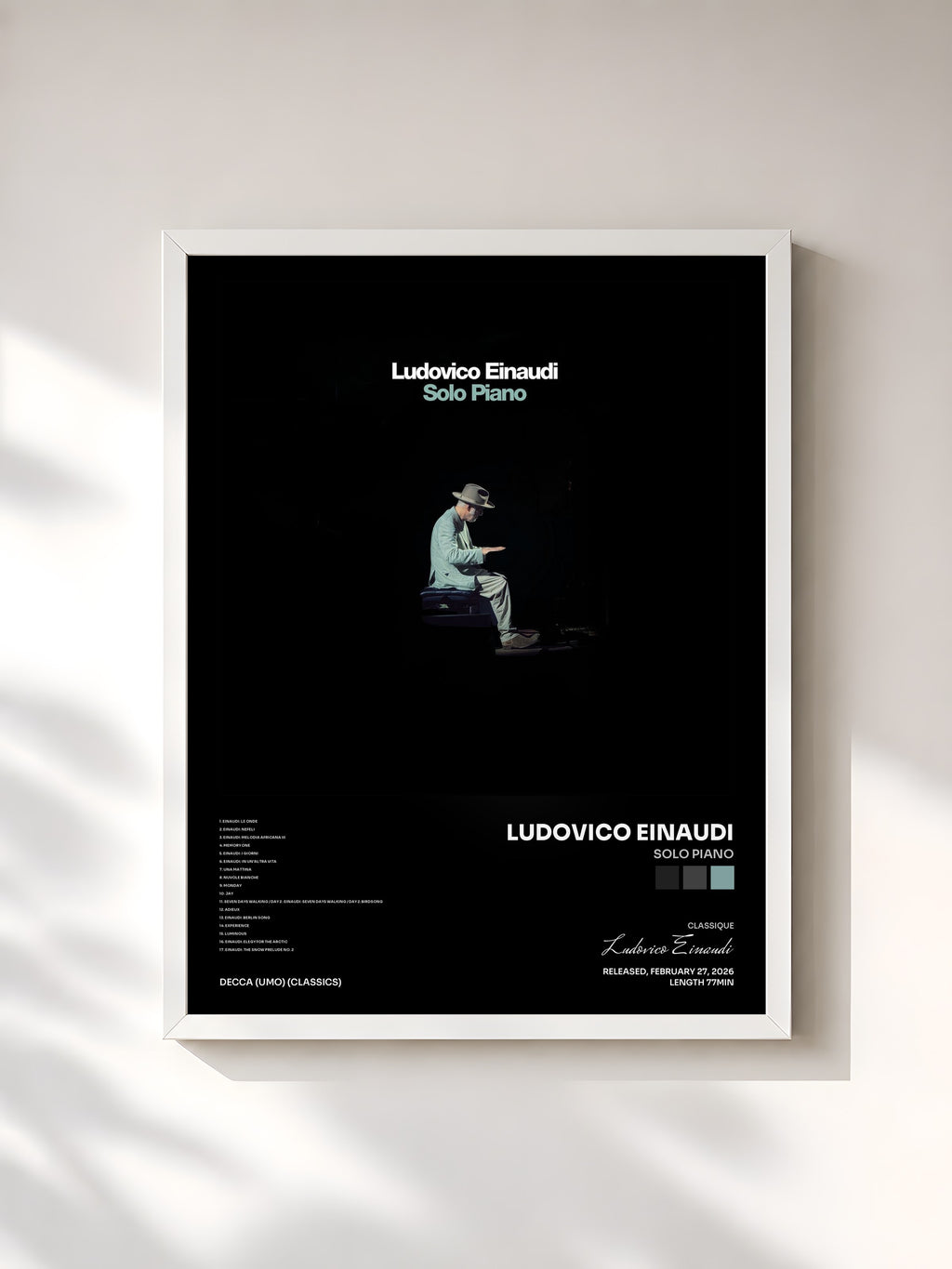 #blanc Tableau de l'album Solo Piano de Ludovico Einaudi, cadre blanc, imprimé et encadré en France