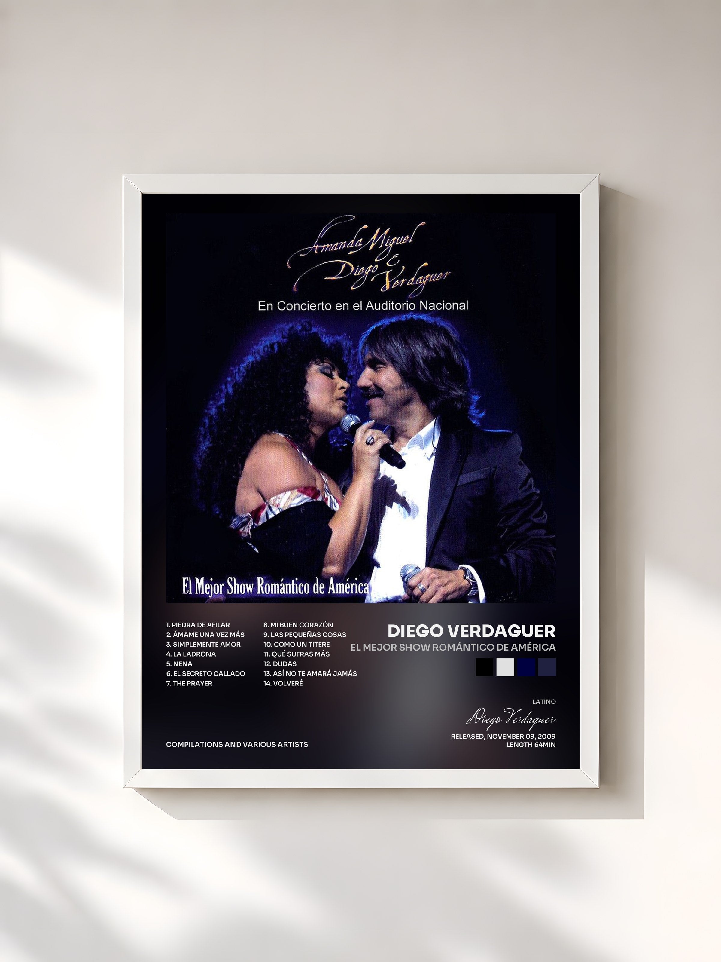 #blanc Tableau de l'album El Mejor Show Romántico de América de Diego Verdaguer, cadre blanc, imprimé et encadré en France