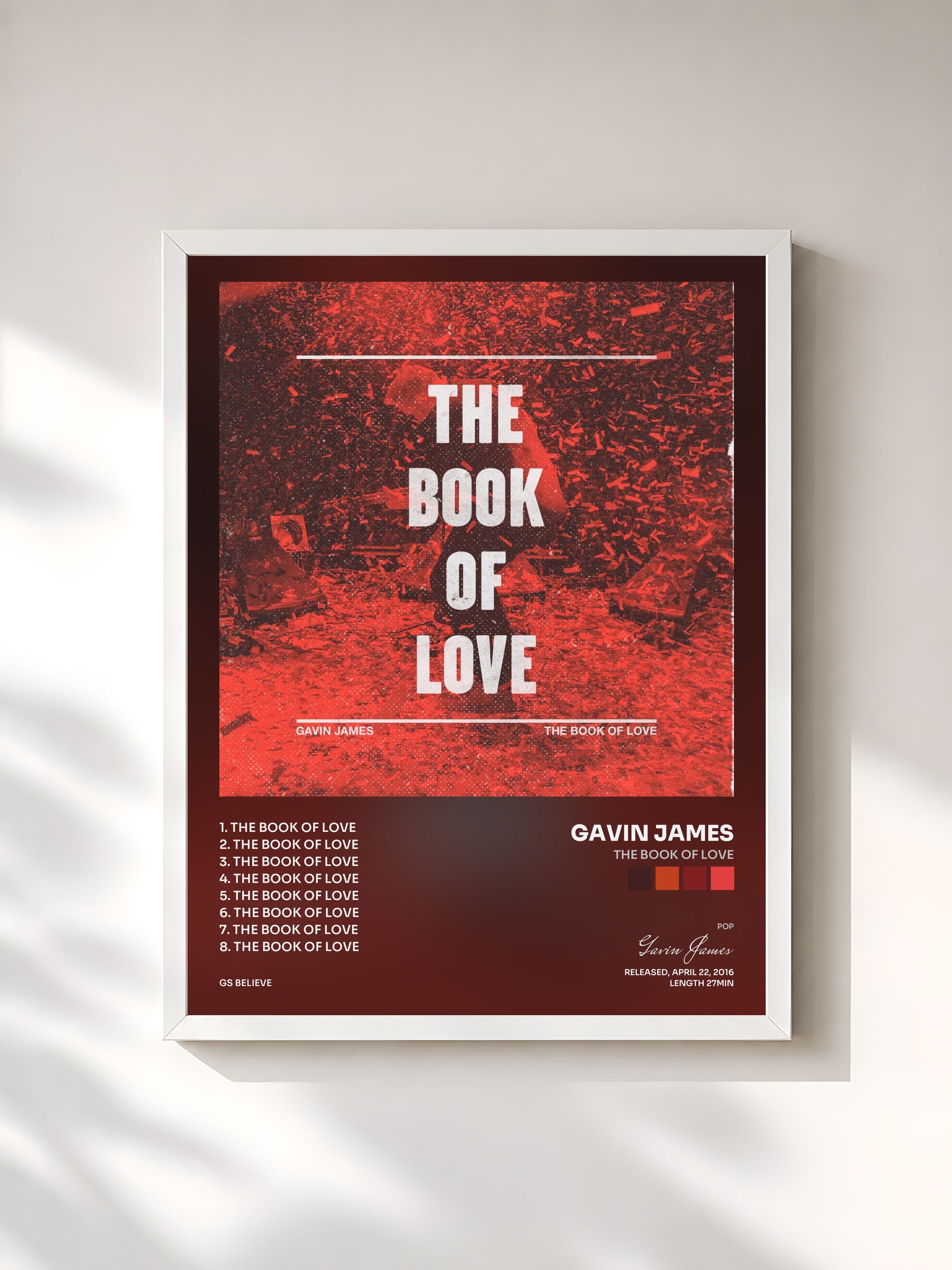 #blanc Tableau de l'album The Book of Love de Gavin James, cadre blanc, imprimé et encadré en France