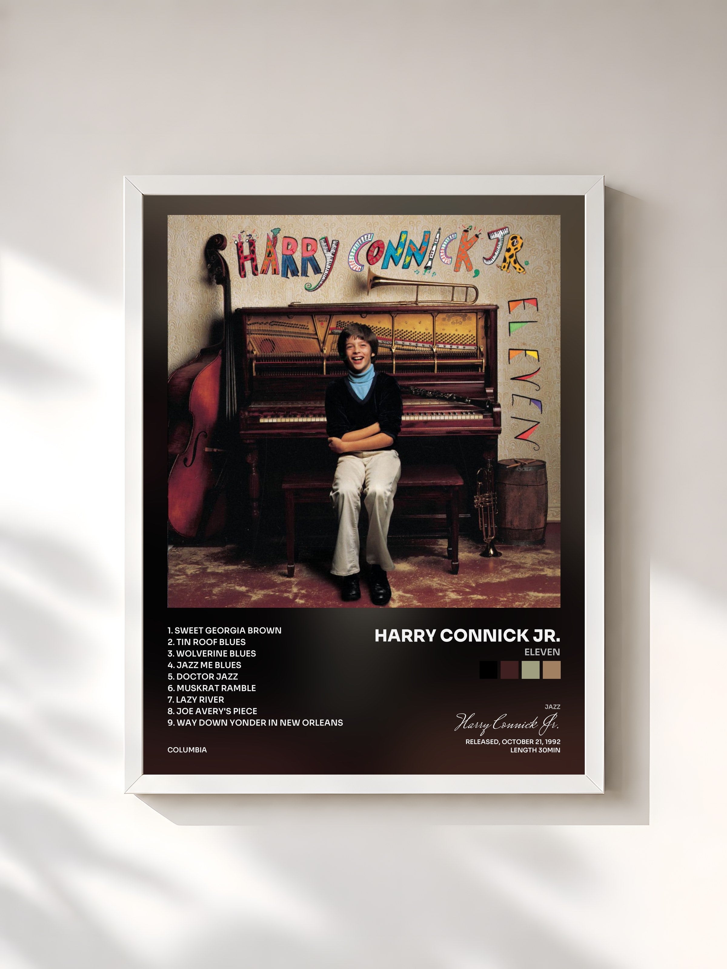 #blanc Tableau de l'album Eleven de Harry Connick Jr., cadre blanc, imprimé et encadré en France