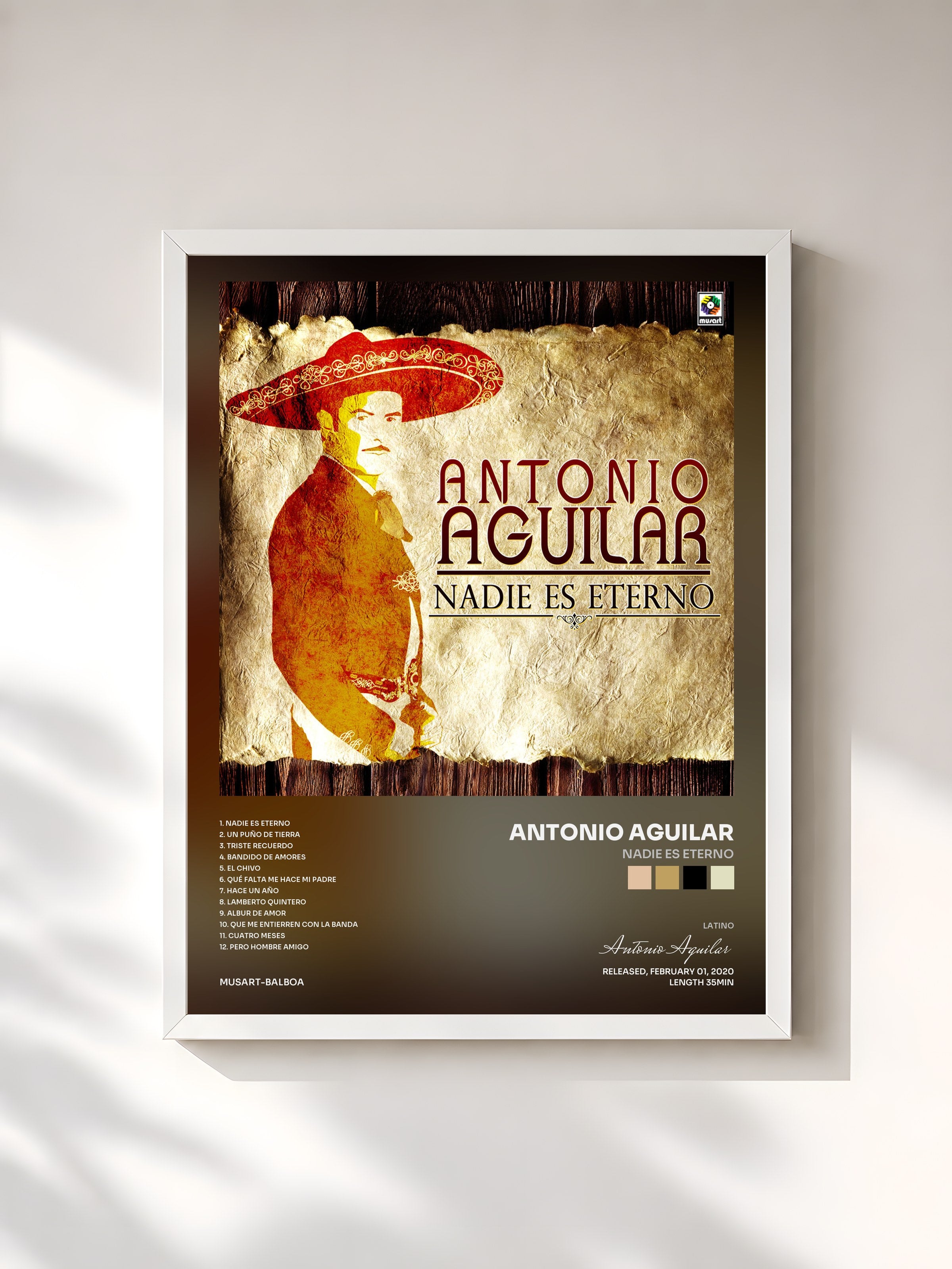 #blanc Tableau de l'album Nadie Es Eterno de Antonio Aguilar, cadre blanc, imprimé et encadré en France