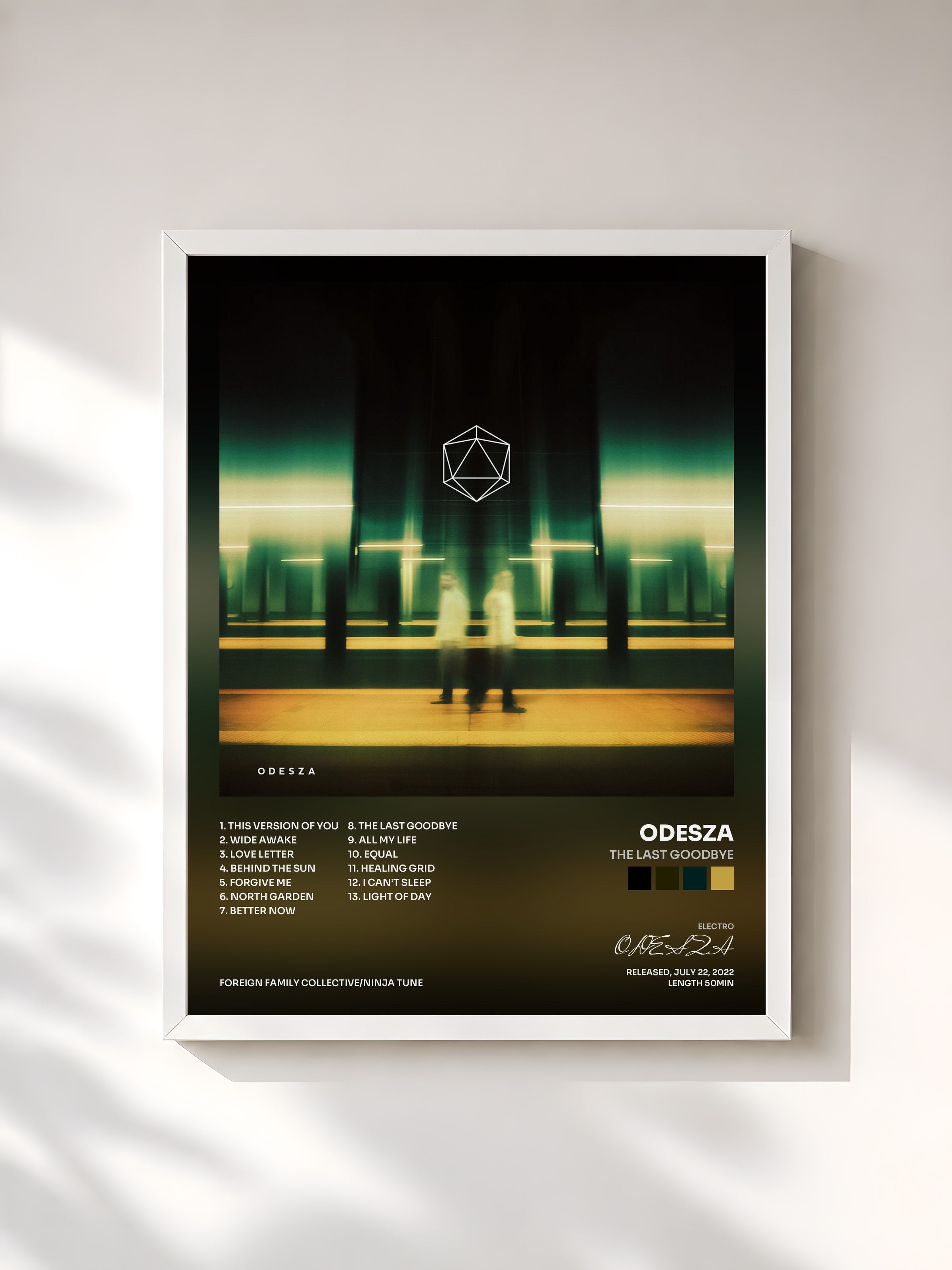 #blanc Tableau de l'album The Last Goodbye de ODESZA, cadre blanc, imprimé et encadré en France
