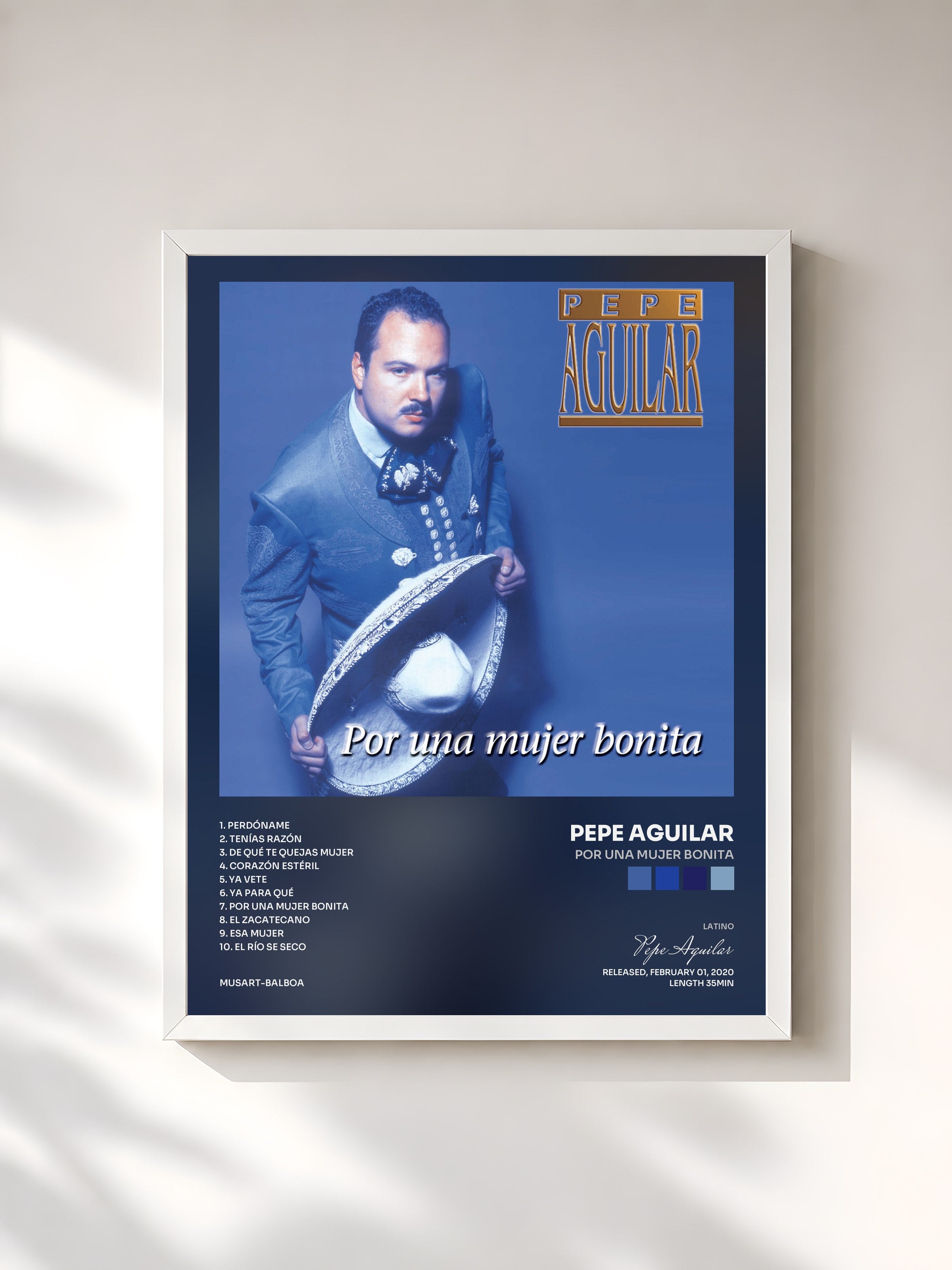 #blanc Tableau de l'album Por Una Mujer Bonita de Pepe Aguilar, cadre blanc, imprimé et encadré en France
