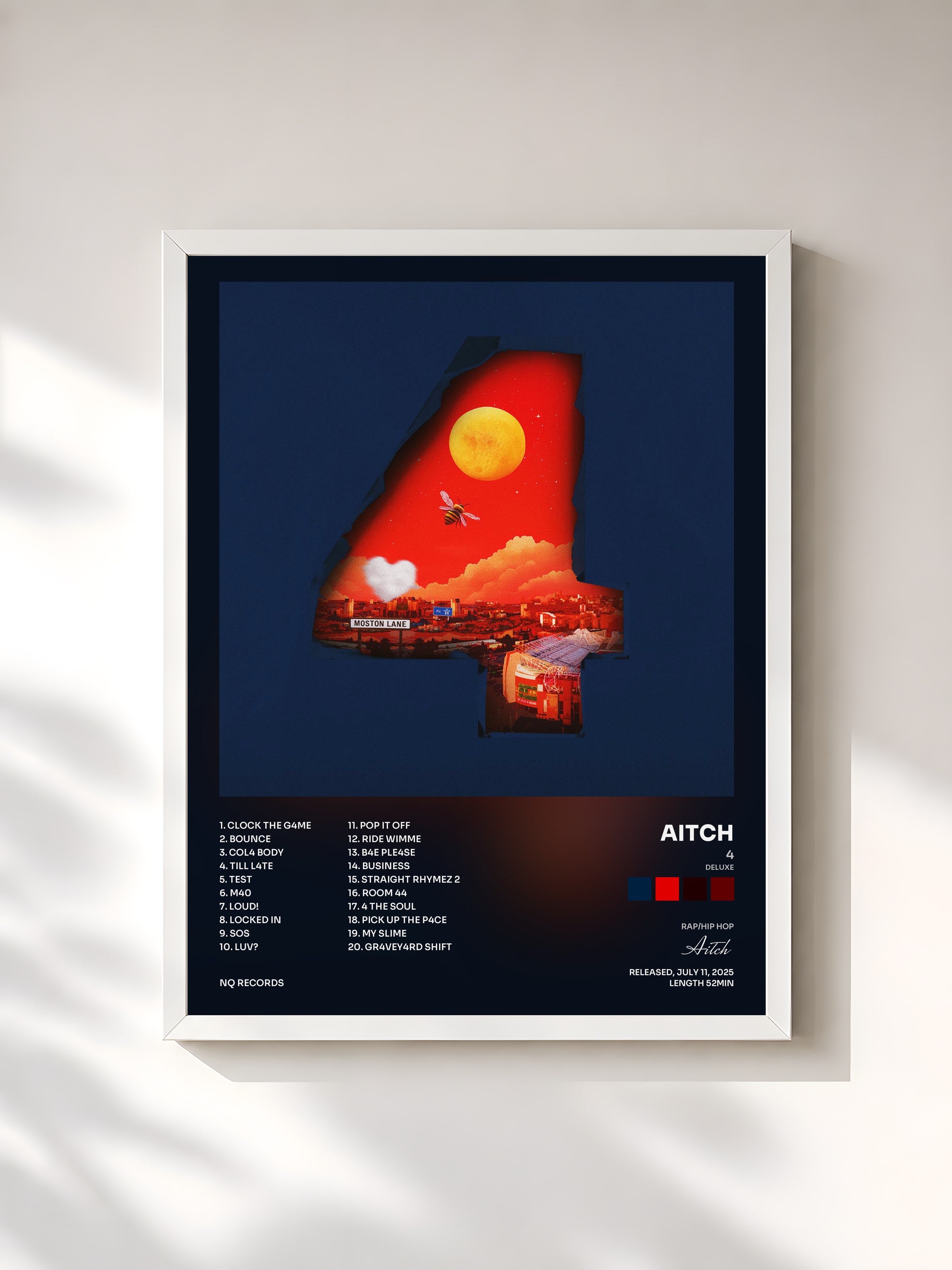 #blanc Tableau de l'album 4 (Deluxe) de Aitch, cadre blanc, imprimé et encadré en France