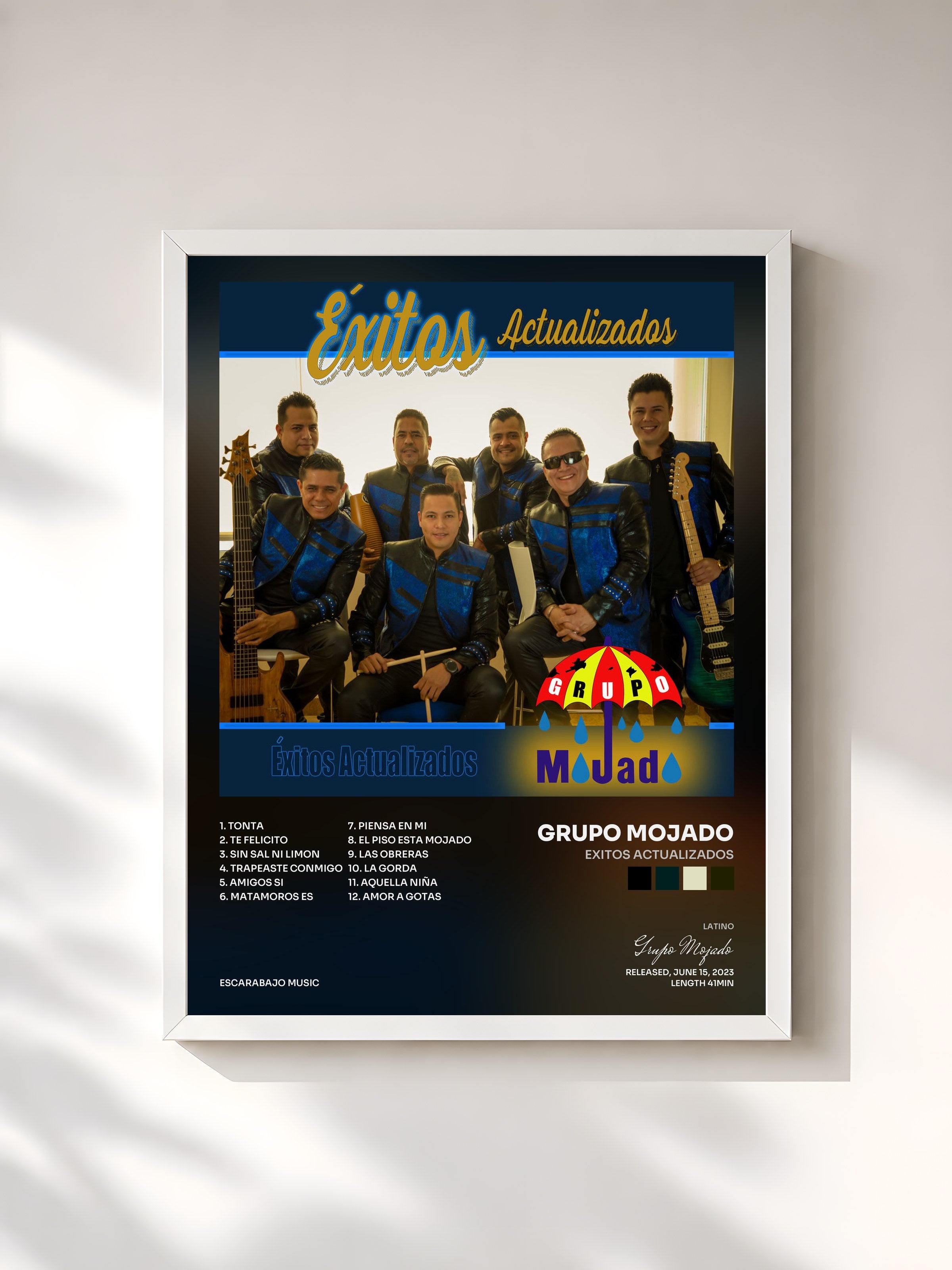 #blanc Tableau de l'album Exitos Actualizados de Grupo Mojado, cadre blanc, imprimé et encadré en France