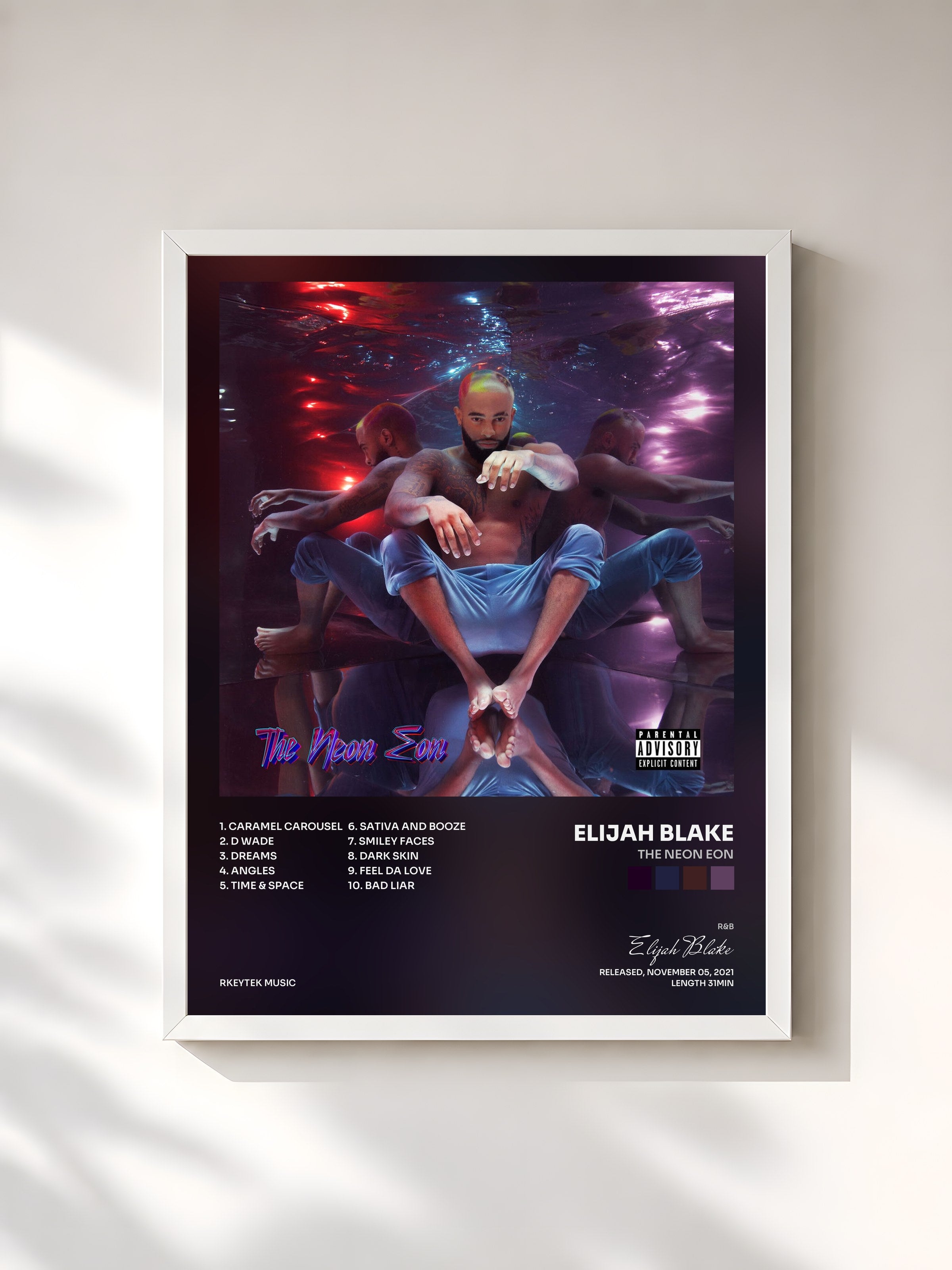#blanc Tableau de l'album The Neon Eon de Elijah Blake, cadre blanc, imprimé et encadré en France