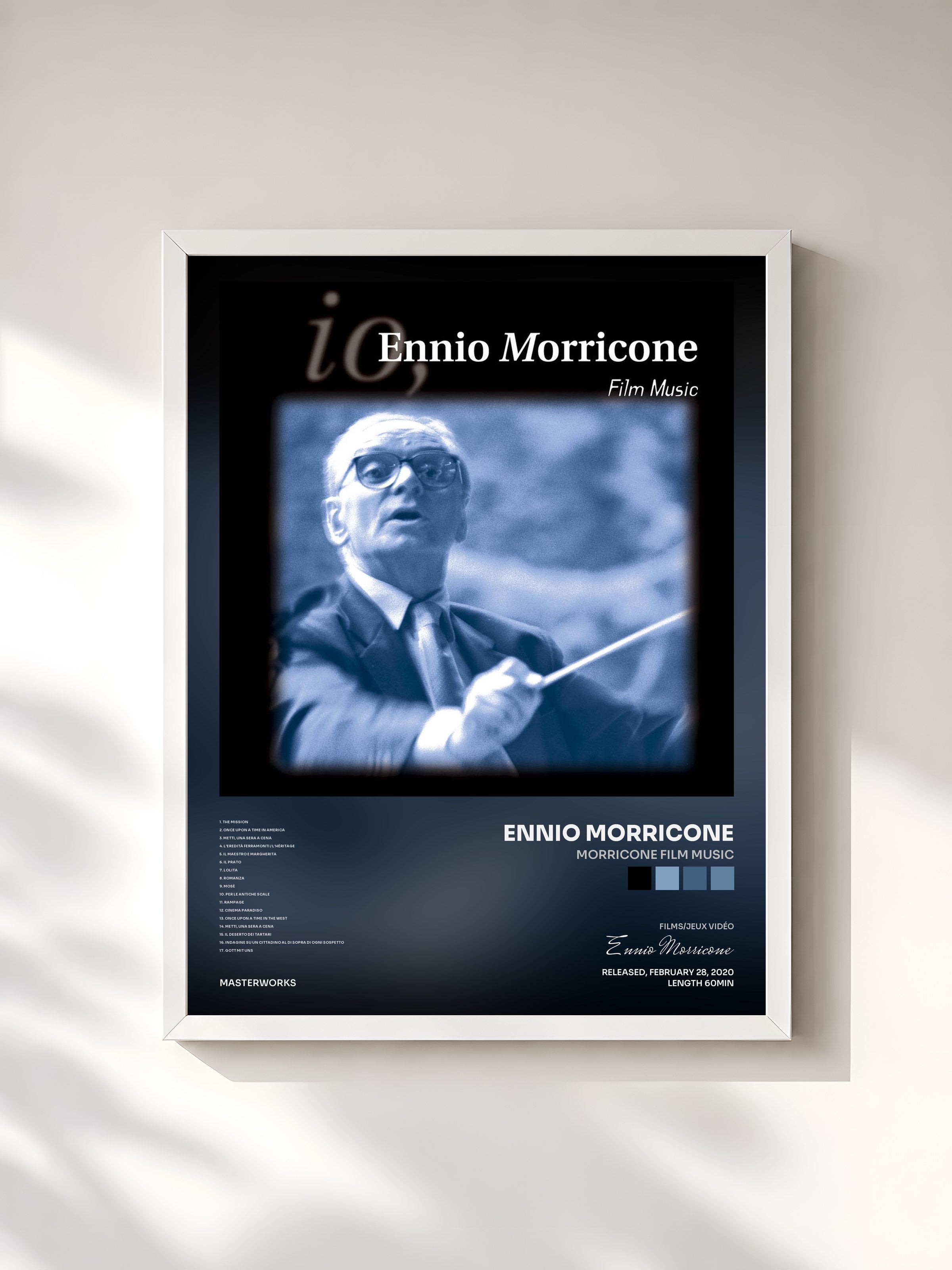 #blanc Tableau de l'album Morricone Film Music de Ennio Morricone, cadre blanc, imprimé et encadré en France