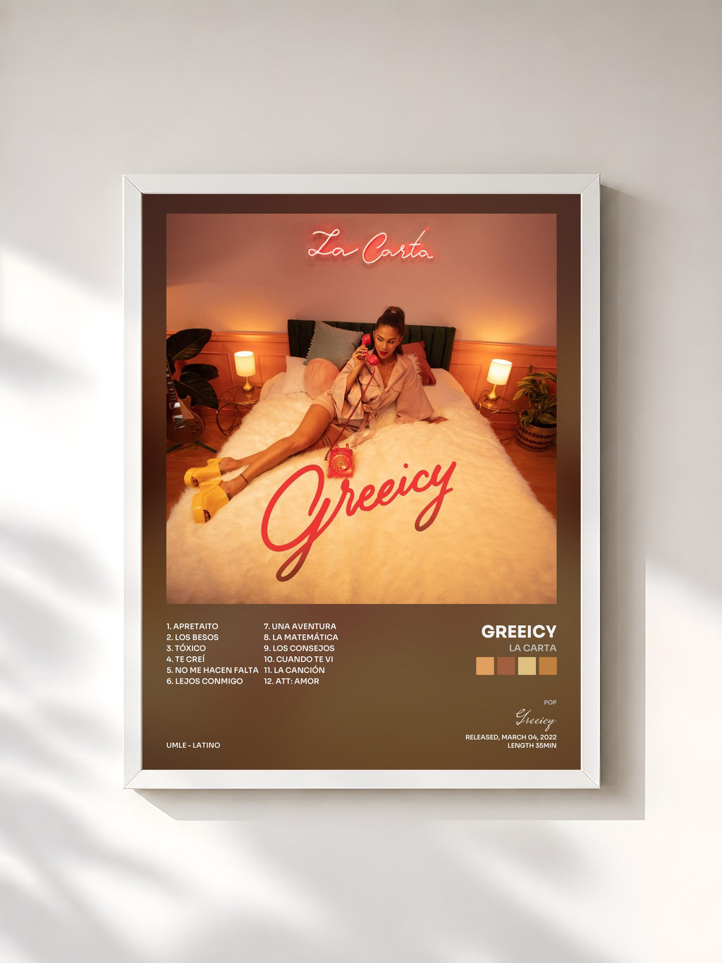 #blanc Tableau de l'album La Carta de Greeicy, cadre blanc, imprimé et encadré en France
