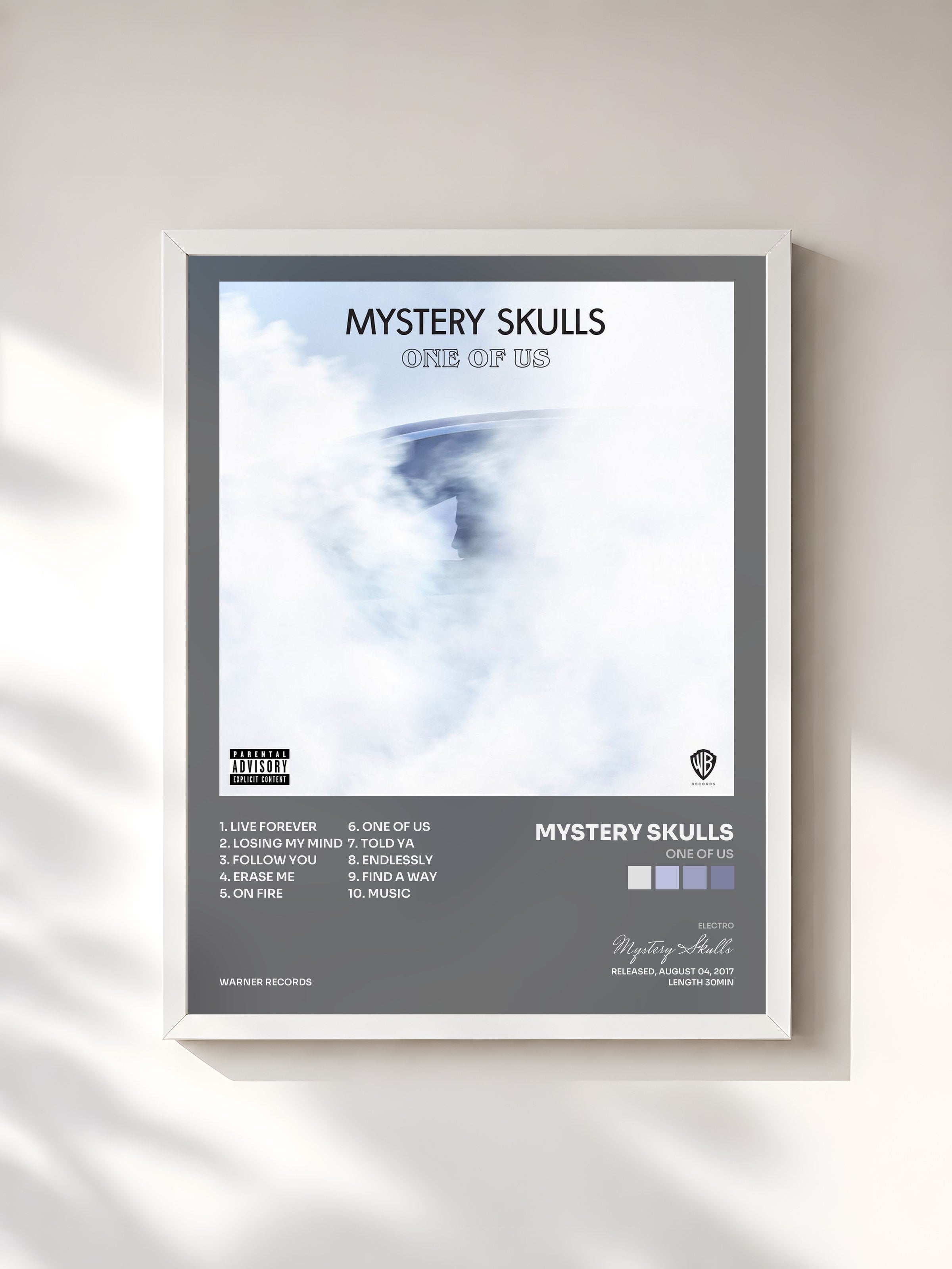 #blanc Tableau de l'album One of Us de Mystery Skulls, cadre blanc, imprimé et encadré en France