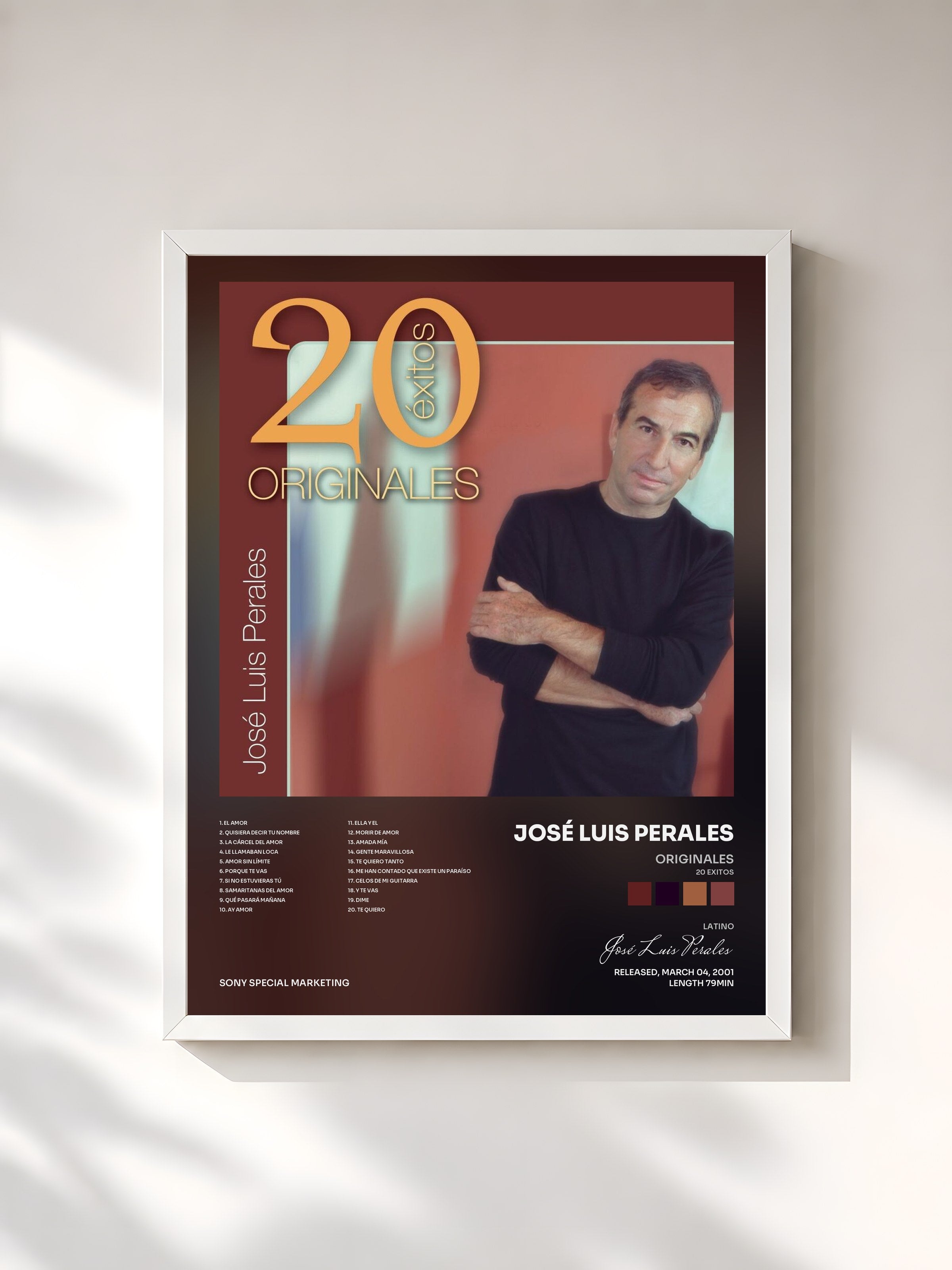 #blanc Tableau de l'album Originales (20 Exitos) de José Luis Perales, cadre blanc, imprimé et encadré en France