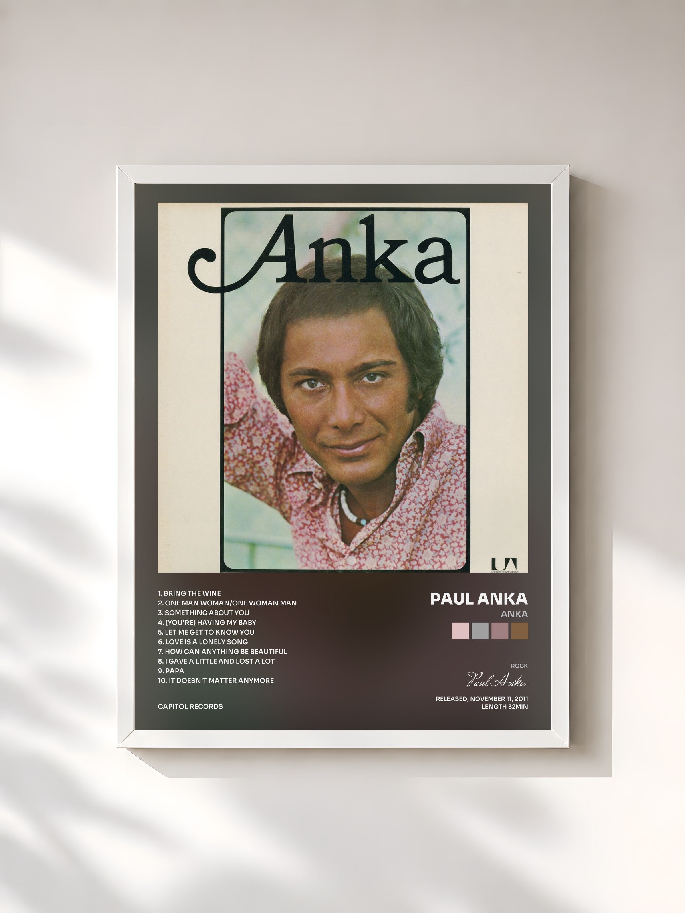 #blanc Tableau de l'album Anka de Paul Anka, cadre blanc, imprimé et encadré en France