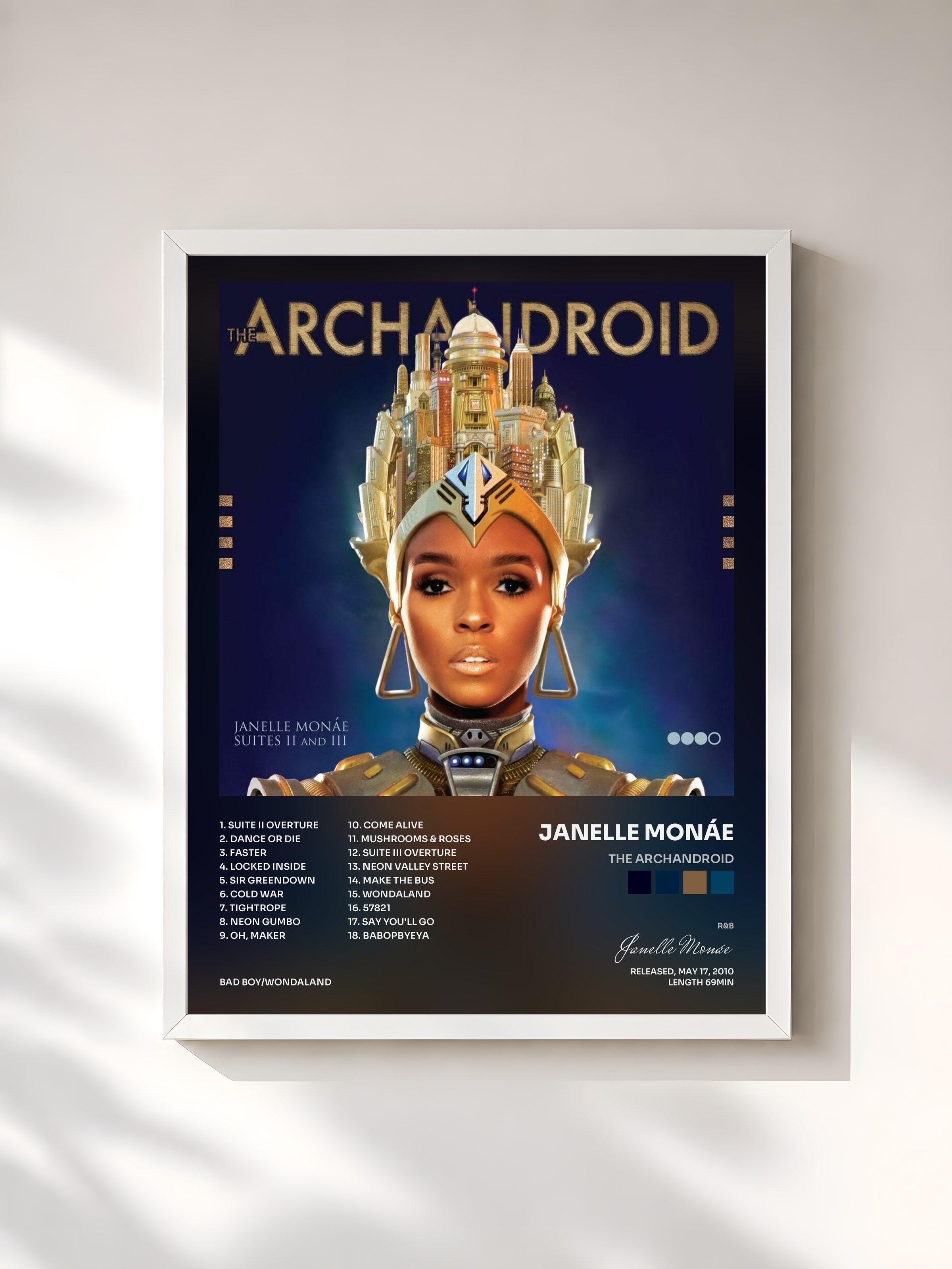 #blanc Tableau de l'album The ArchAndroid de Janelle Monáe, cadre blanc, imprimé et encadré en France