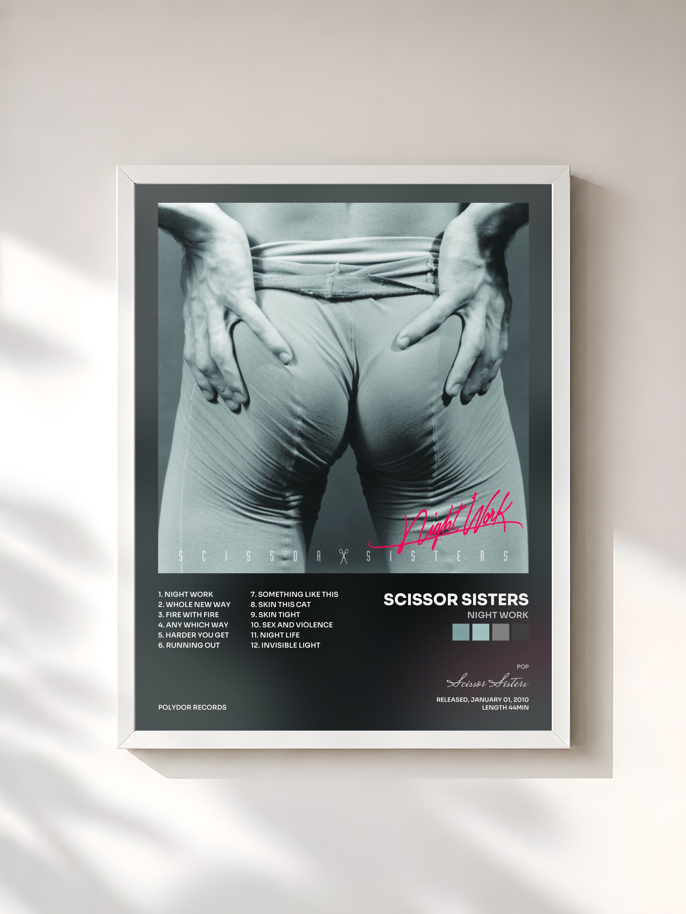 #blanc Tableau de l'album Night Work de Scissor Sisters, cadre blanc, imprimé et encadré en France