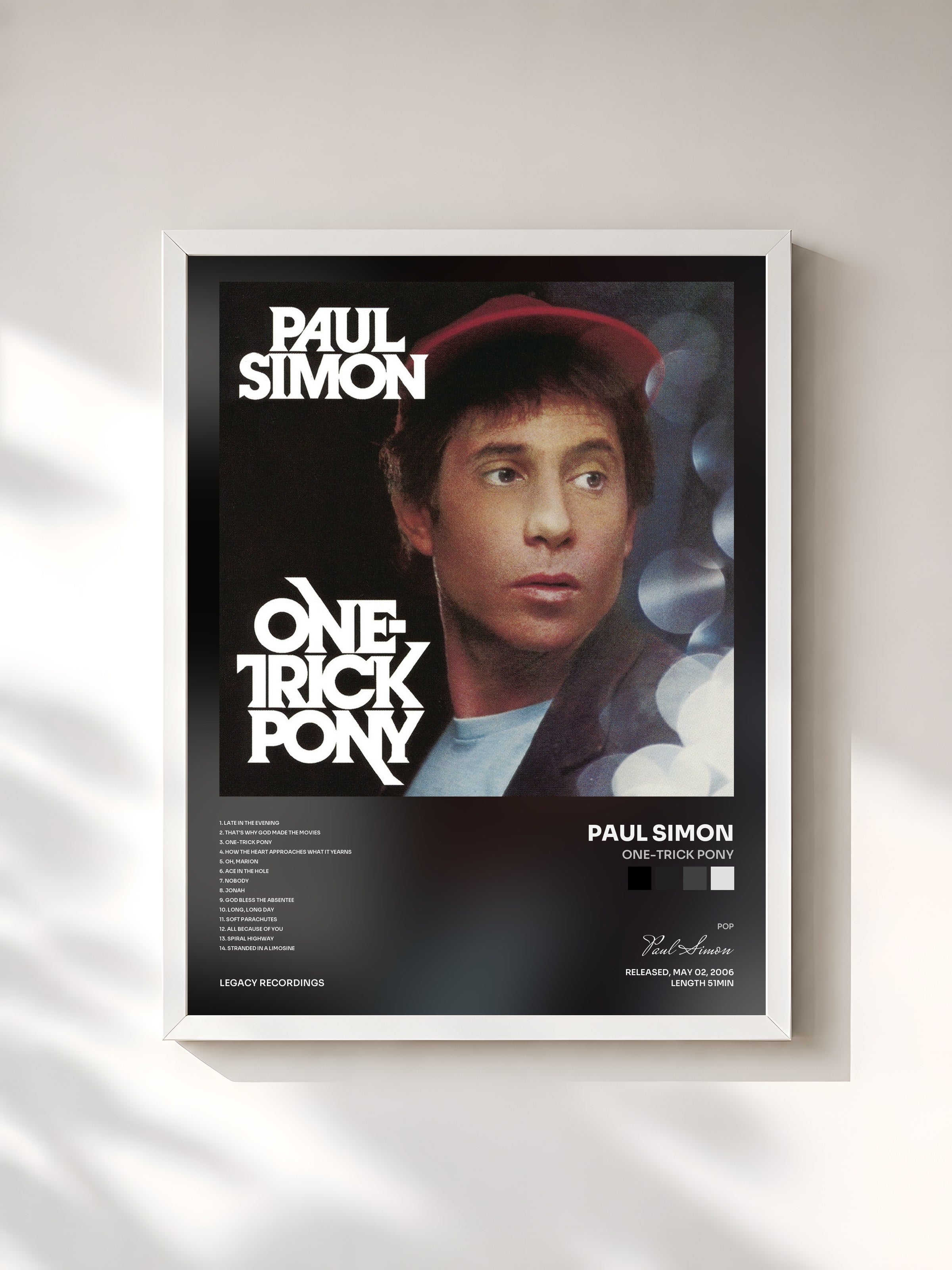 #blanc Tableau de l'album One-Trick Pony de Paul Simon, cadre blanc, imprimé et encadré en France