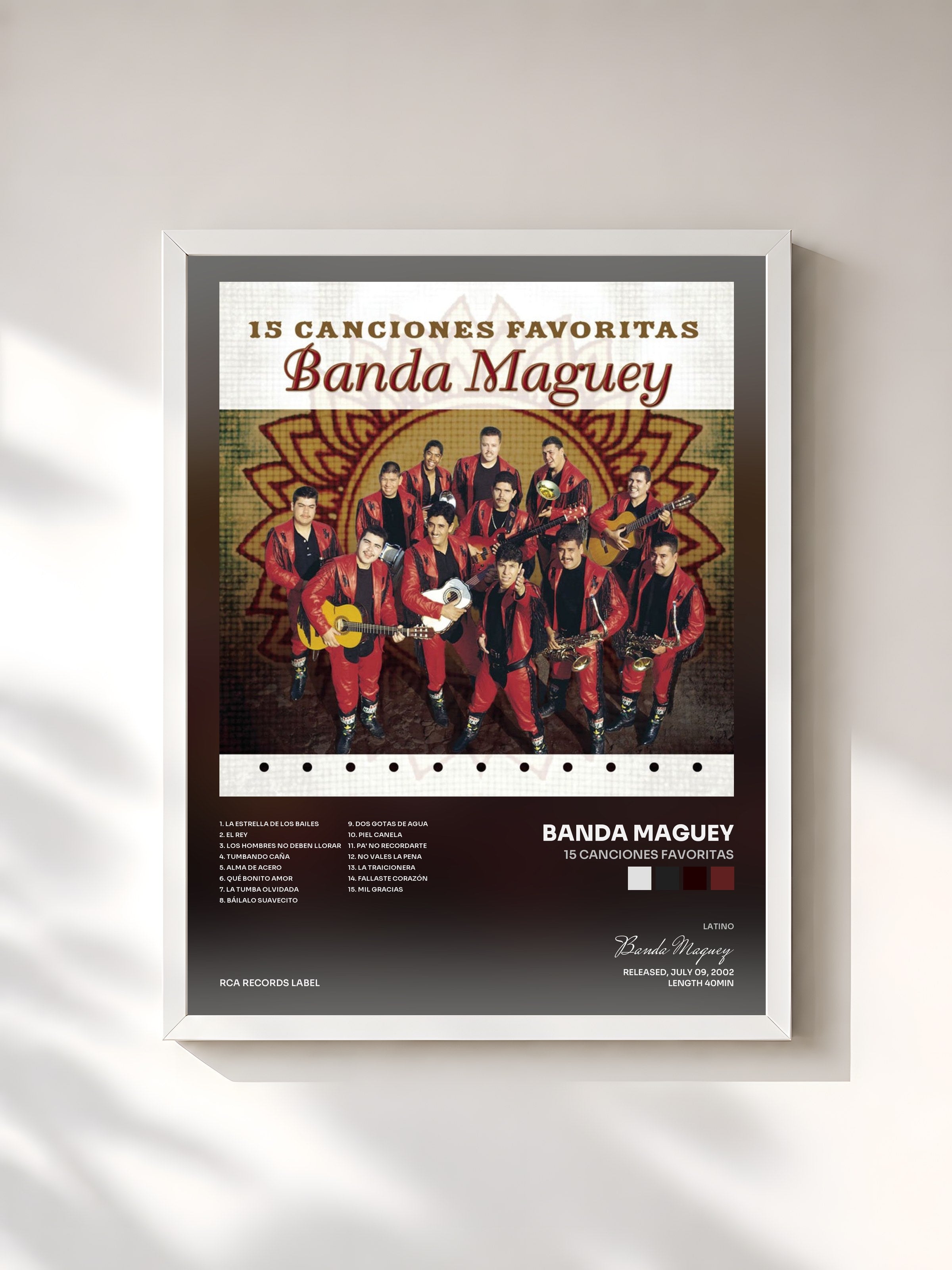 #blanc Tableau de l'album 15 Canciones Favoritas de Banda Maguey, cadre blanc, imprimé et encadré en France