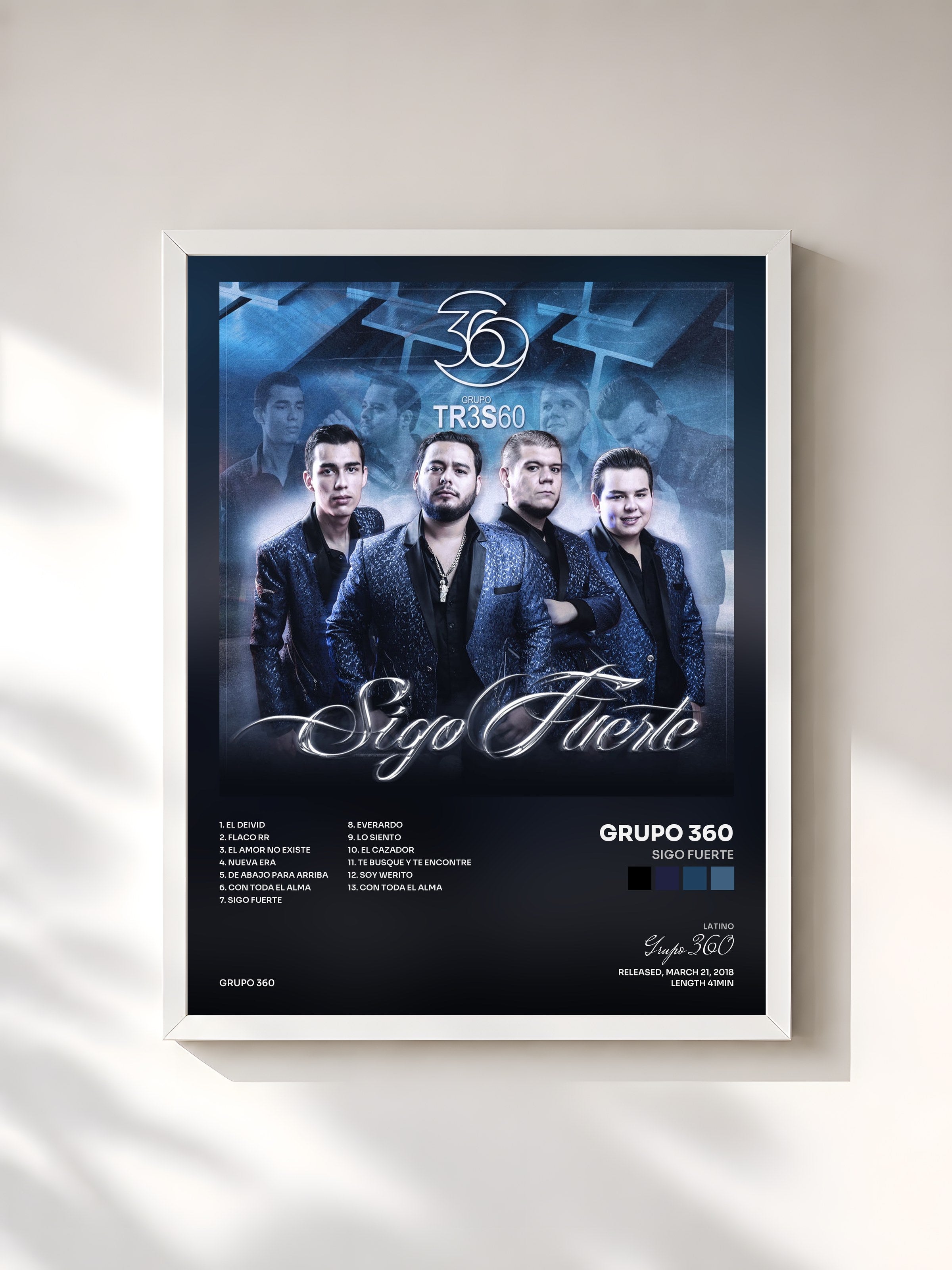 #blanc Tableau de l'album Sigo Fuerte de Grupo 360, cadre blanc, imprimé et encadré en France