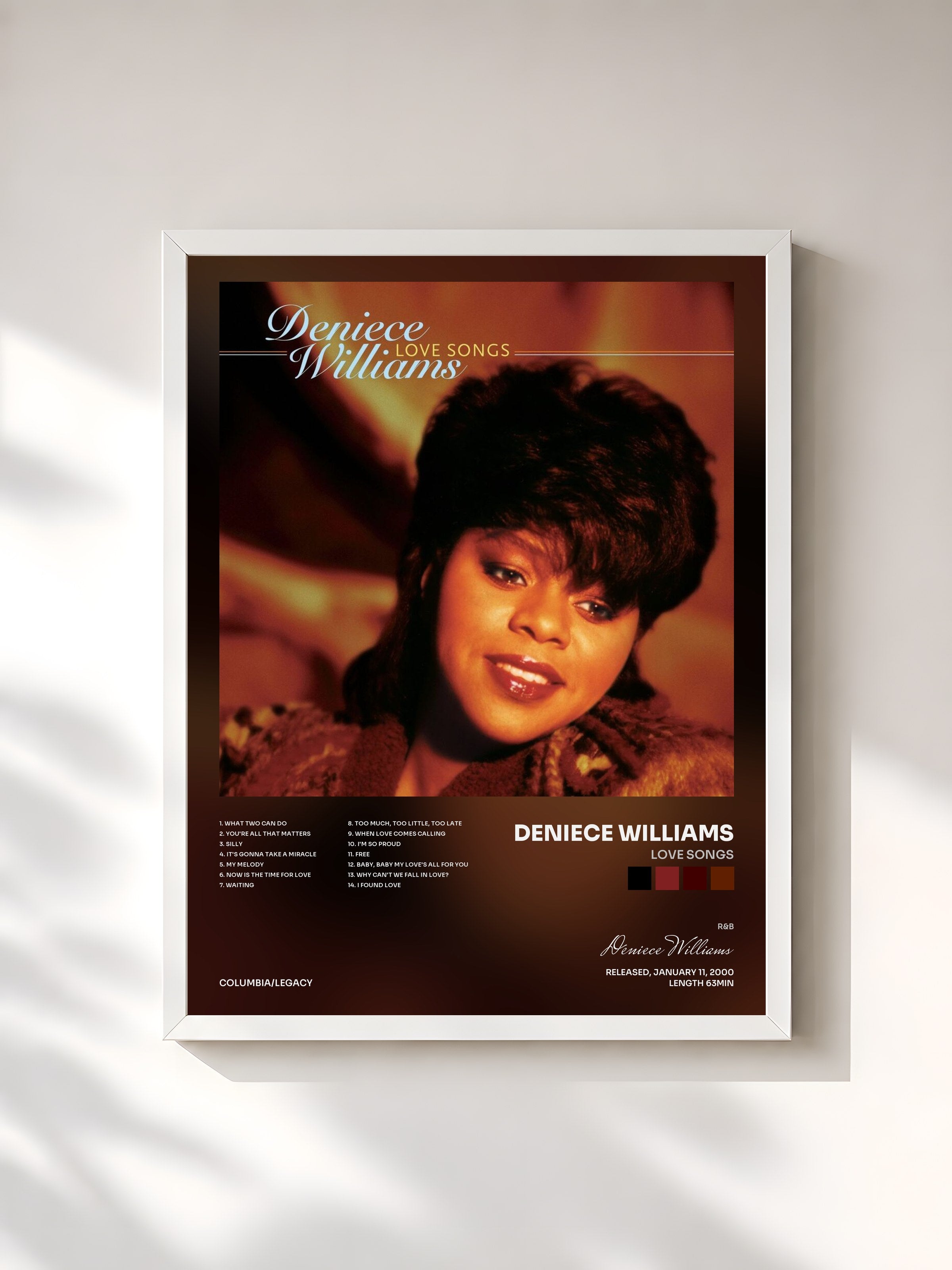#blanc Tableau de l'album Love Songs de Deniece Williams, cadre blanc, imprimé et encadré en France