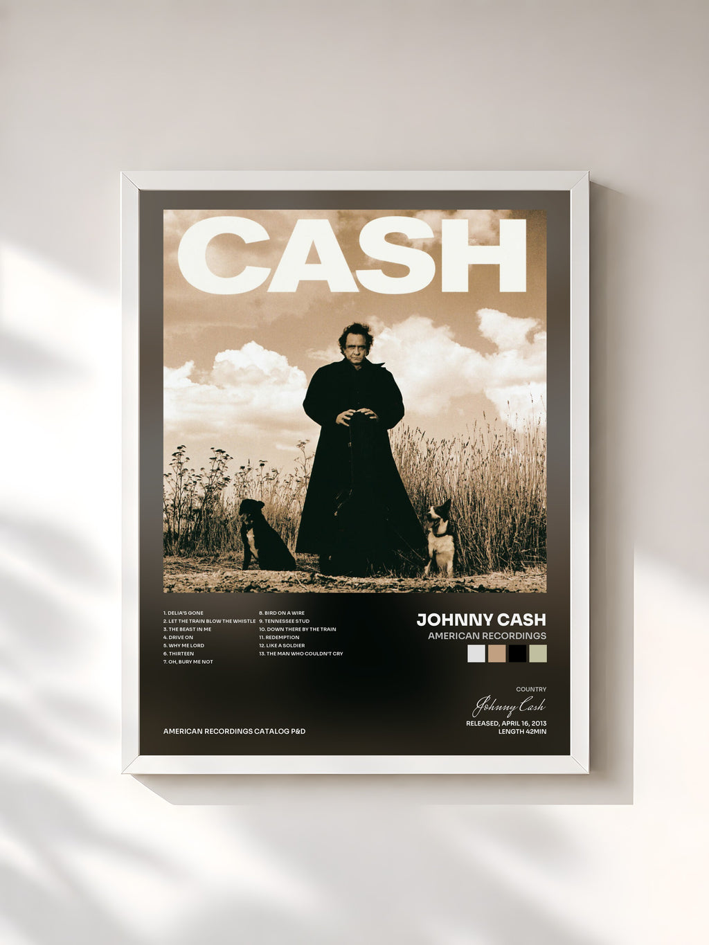 #blanc Tableau de l'album American Recordings de Johnny Cash, cadre blanc, imprimé et encadré en France