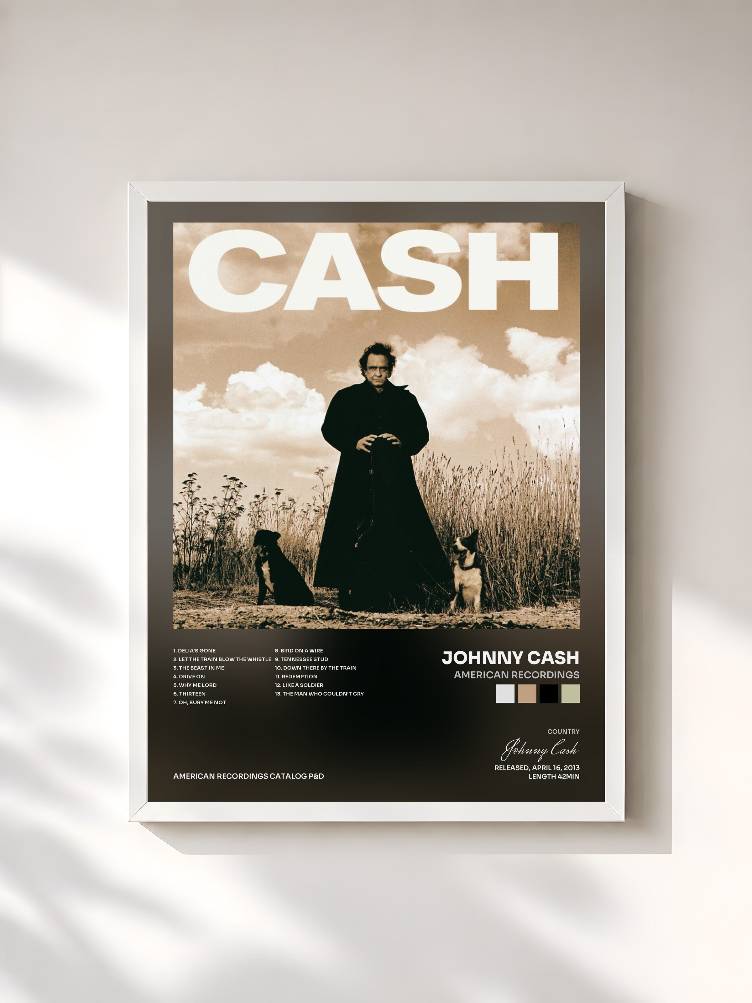 #blanc Tableau de l'album American Recordings de Johnny Cash, cadre blanc, imprimé et encadré en France