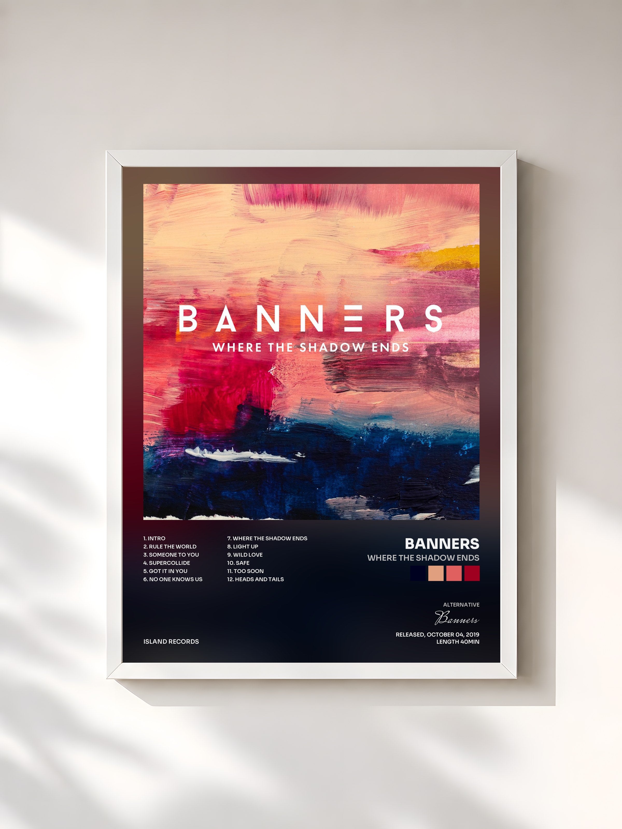 #blanc Tableau de l'album Where The Shadow Ends de Banners, cadre blanc, imprimé et encadré en France