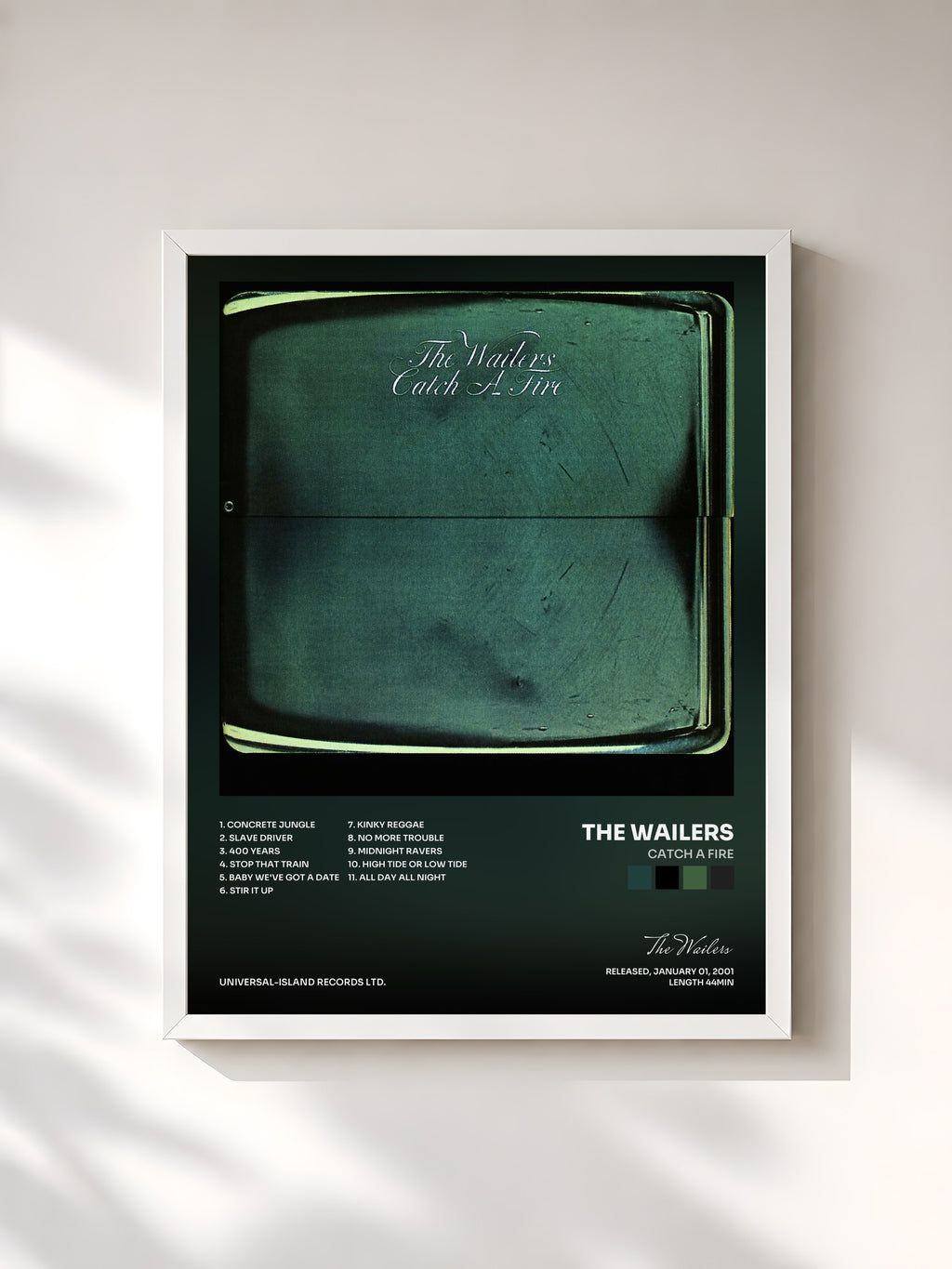 #blanc Tableau de l'album Catch A Fire de The Wailers, cadre blanc, imprimé et encadré en France
