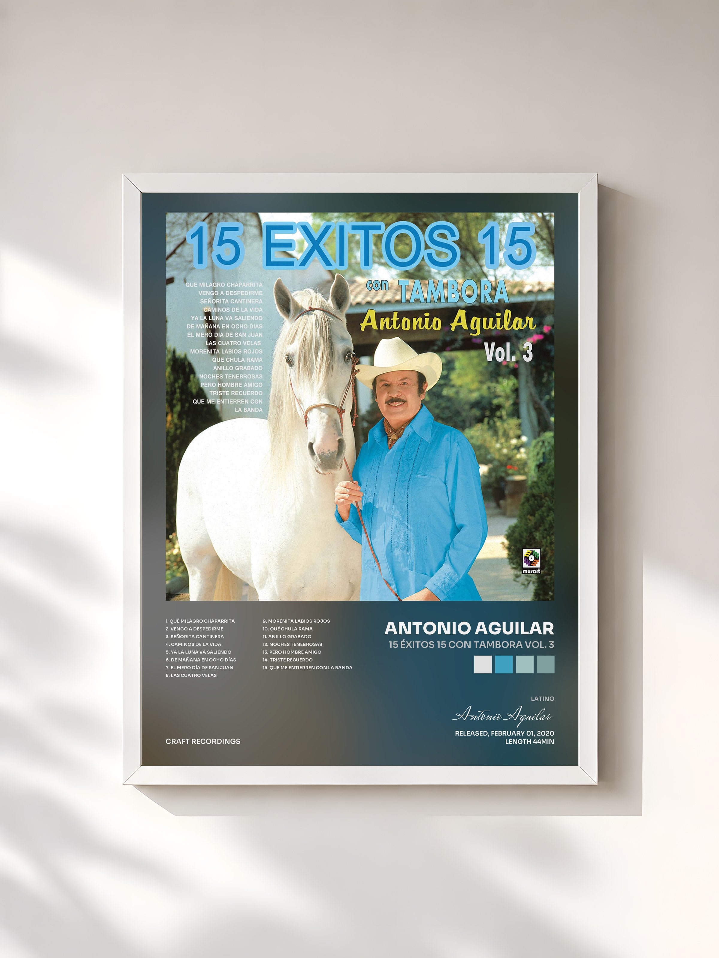 #blanc Tableau de l'album 15 Éxitos 15 con Tambora Vol. 3 de Antonio Aguilar, cadre blanc, imprimé et encadré en France