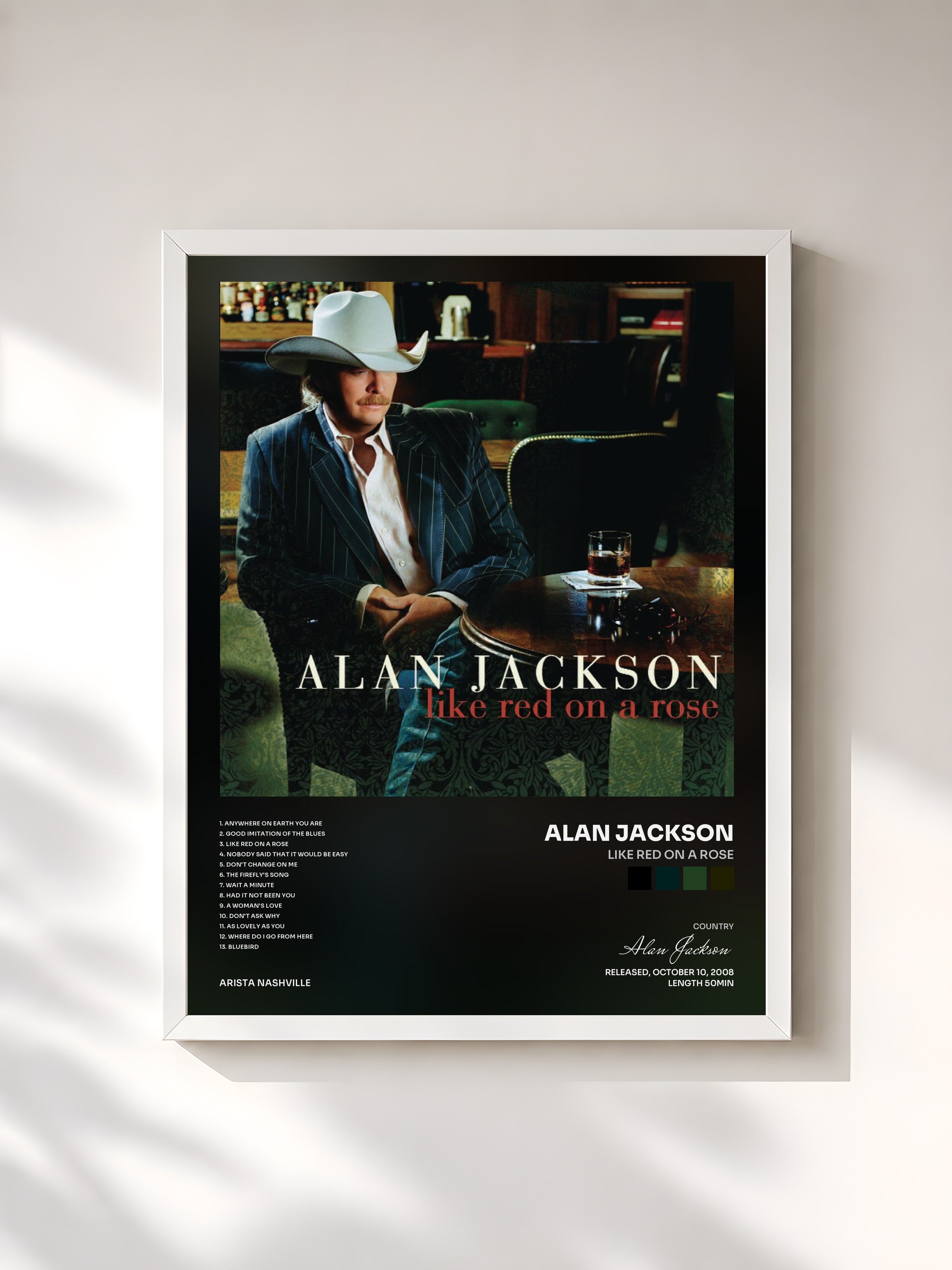 #blanc Tableau de l'album Like Red On A Rose de Alan Jackson, cadre blanc, imprimé et encadré en France