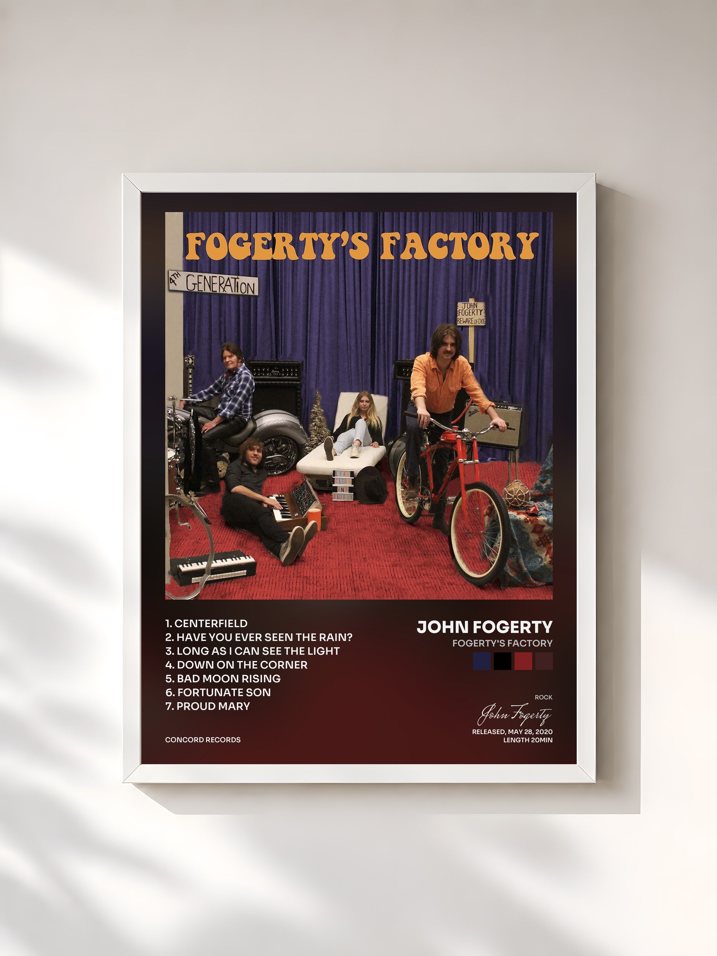 #blanc Tableau de l'album Fogerty's Factory de John Fogerty, cadre blanc, imprimé et encadré en France
