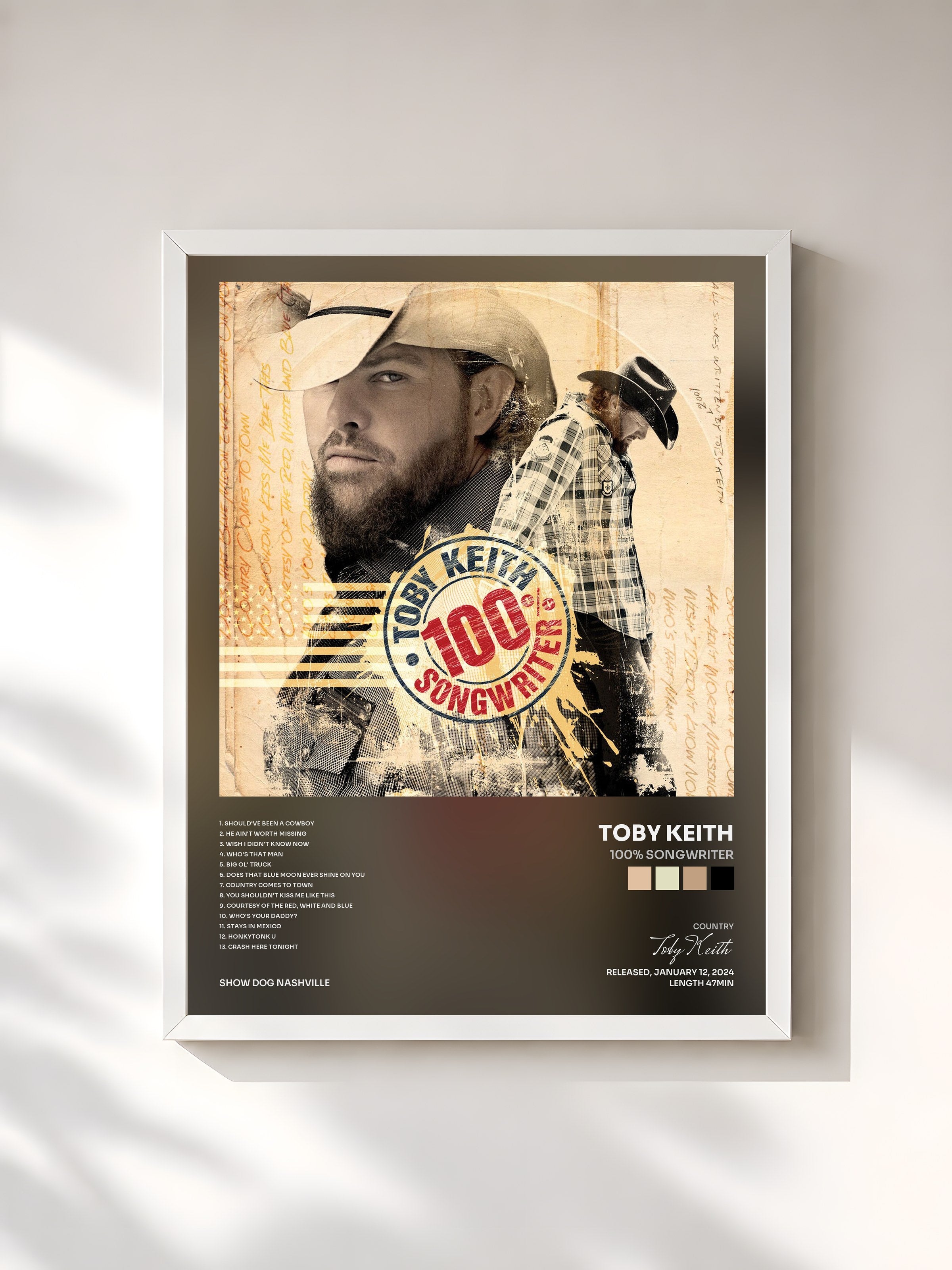 #blanc Tableau de l'album 100% Songwriter de Toby Keith, cadre blanc, imprimé et encadré en France
