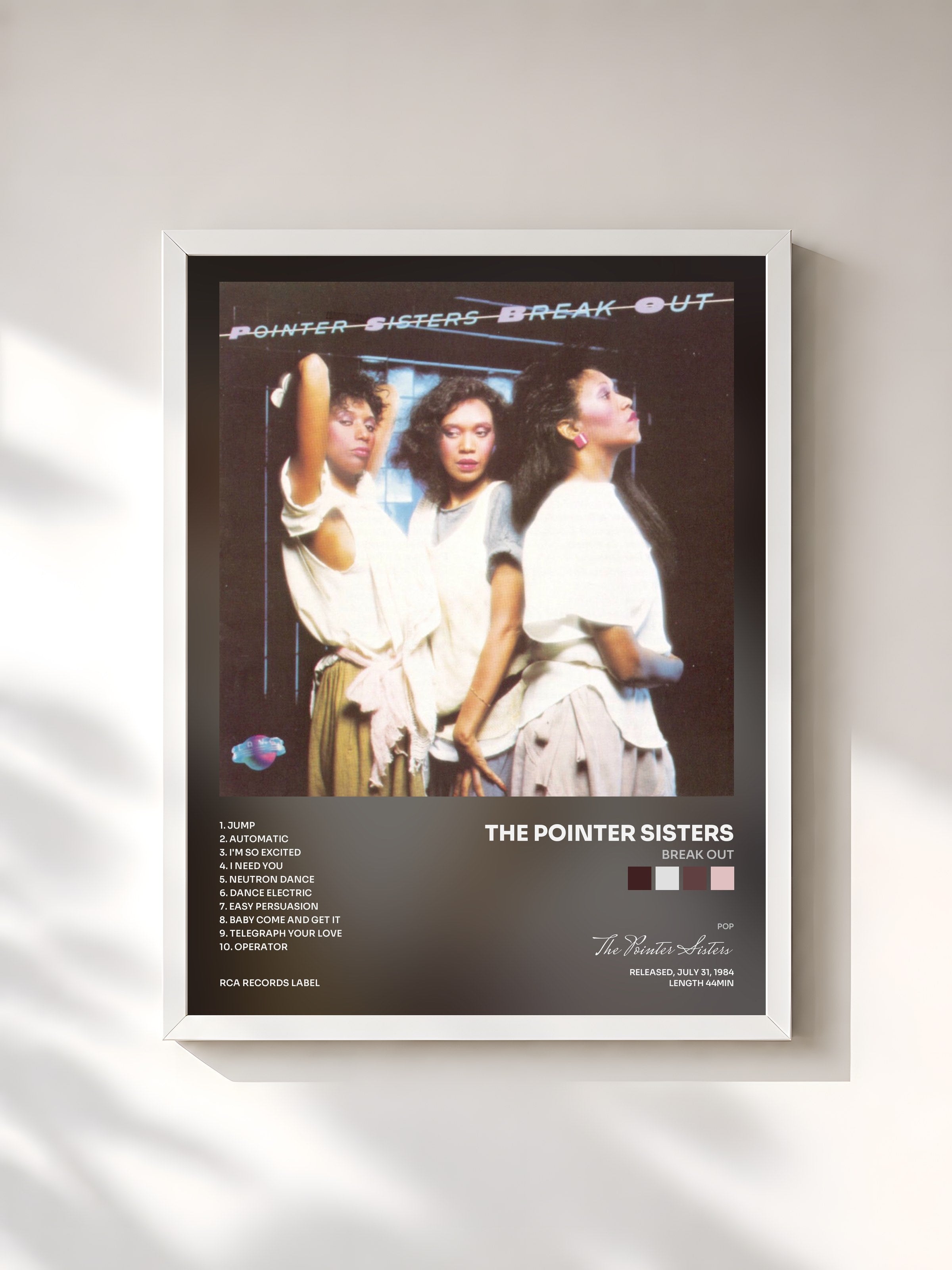 #blanc Tableau de l'album Break Out de The Pointer Sisters, cadre blanc, imprimé et encadré en France