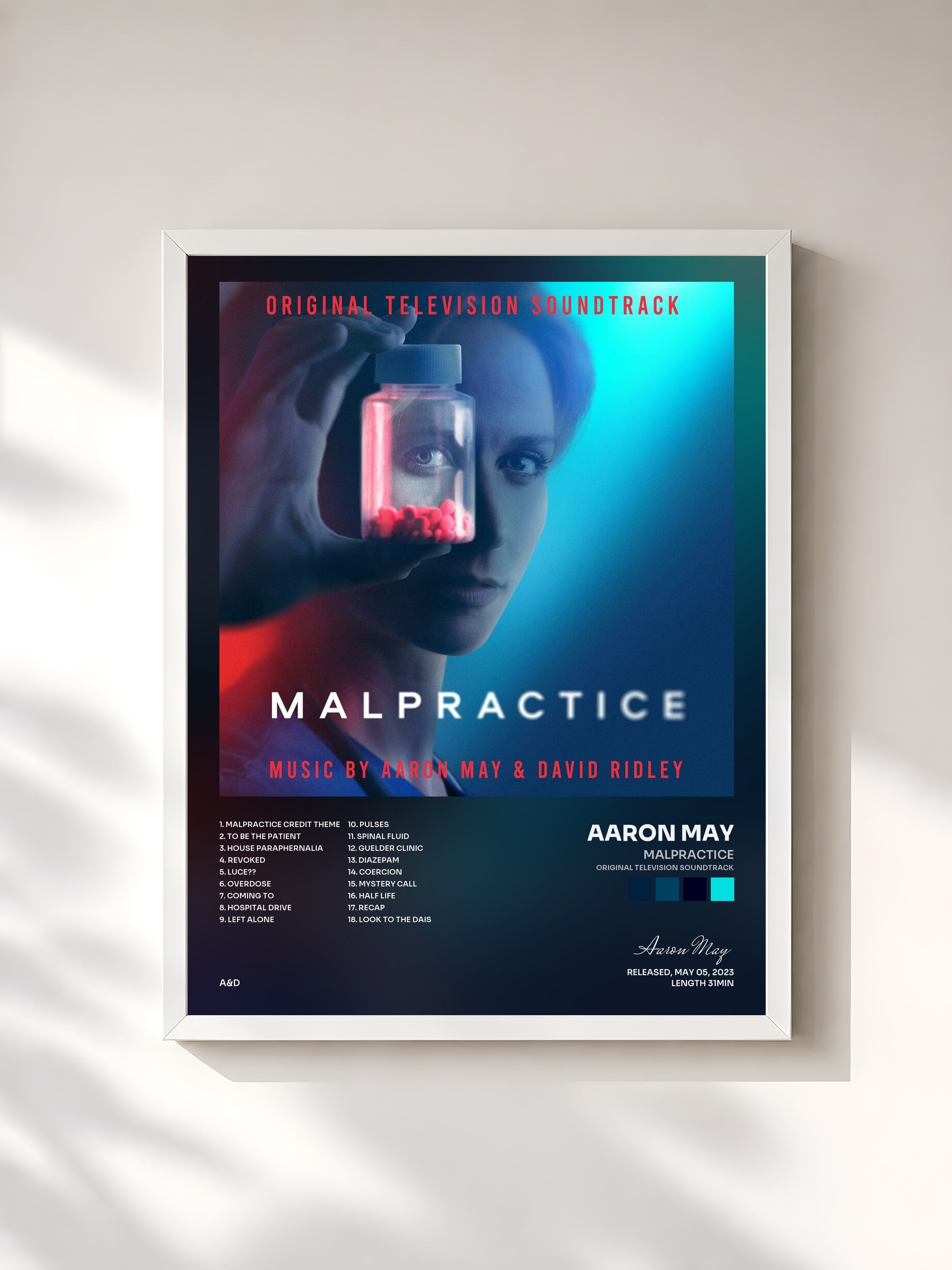 #blanc Tableau de l'album Malpractice (Original Television Soundtrack) de Aaron May, cadre blanc, imprimé et encadré en France