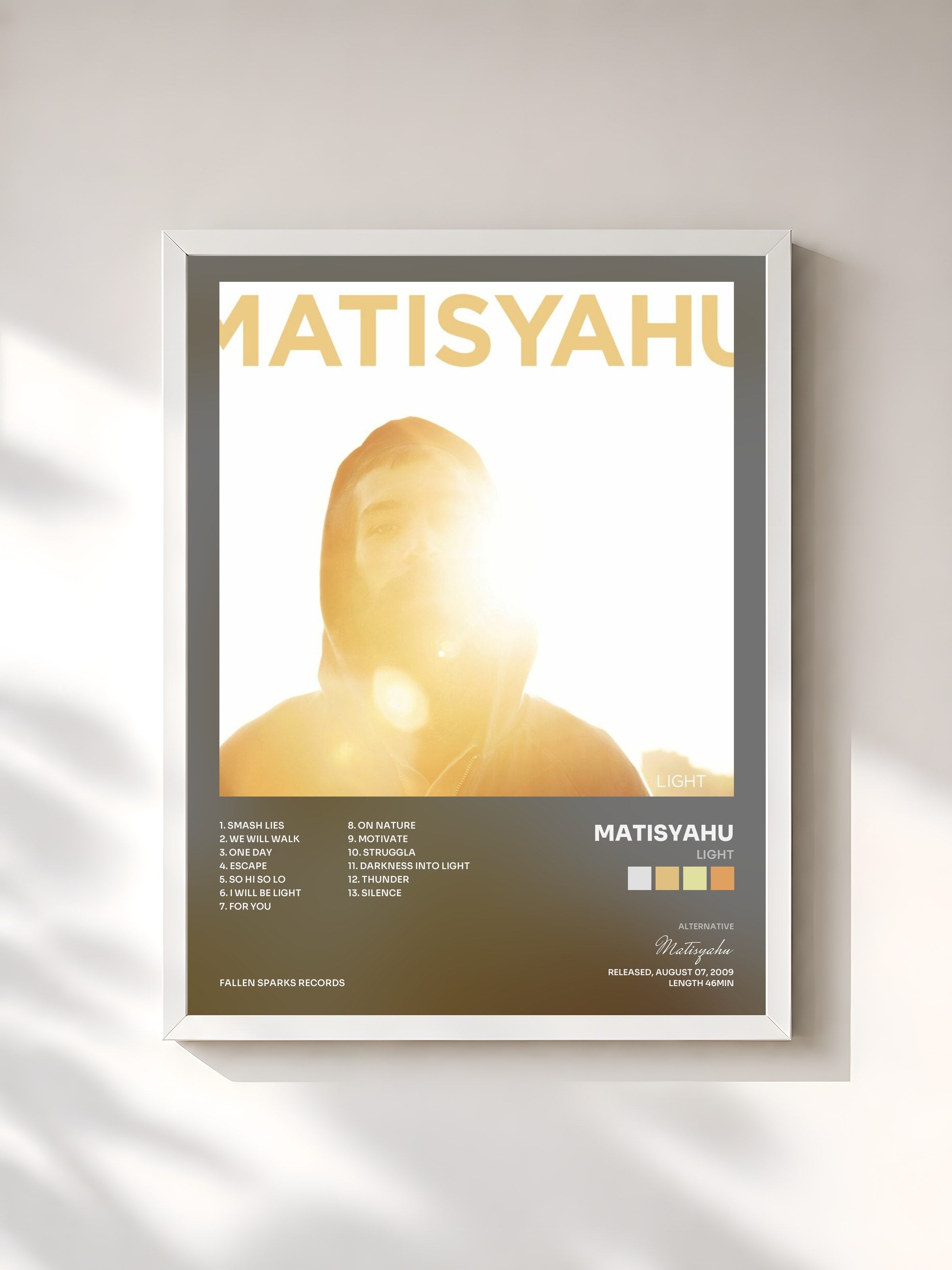 #blanc Tableau de l'album Light de Matisyahu, cadre blanc, imprimé et encadré en France