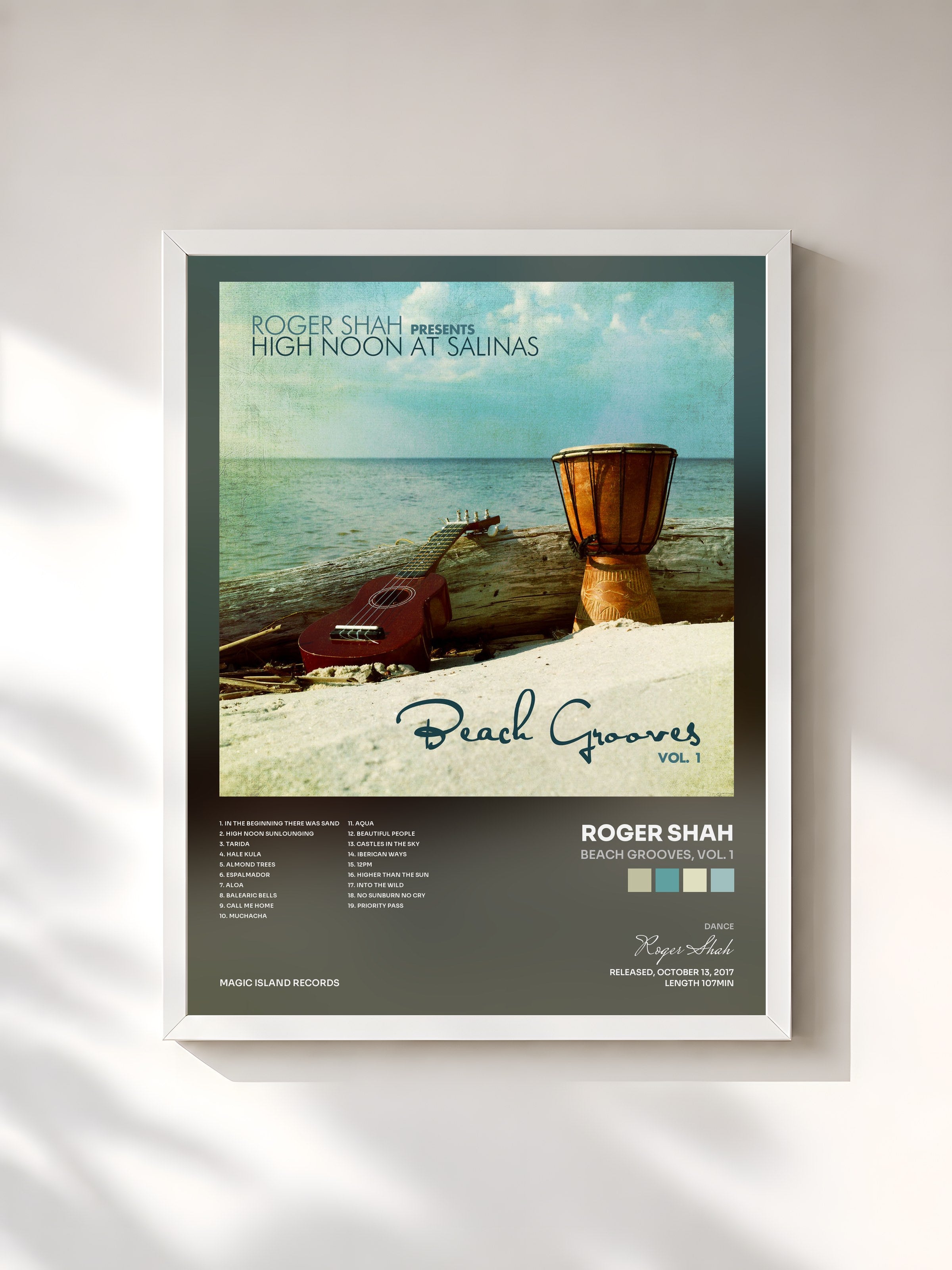 #blanc Tableau de l'album Beach Grooves, Vol. 1 de Roger Shah, cadre blanc, imprimé et encadré en France