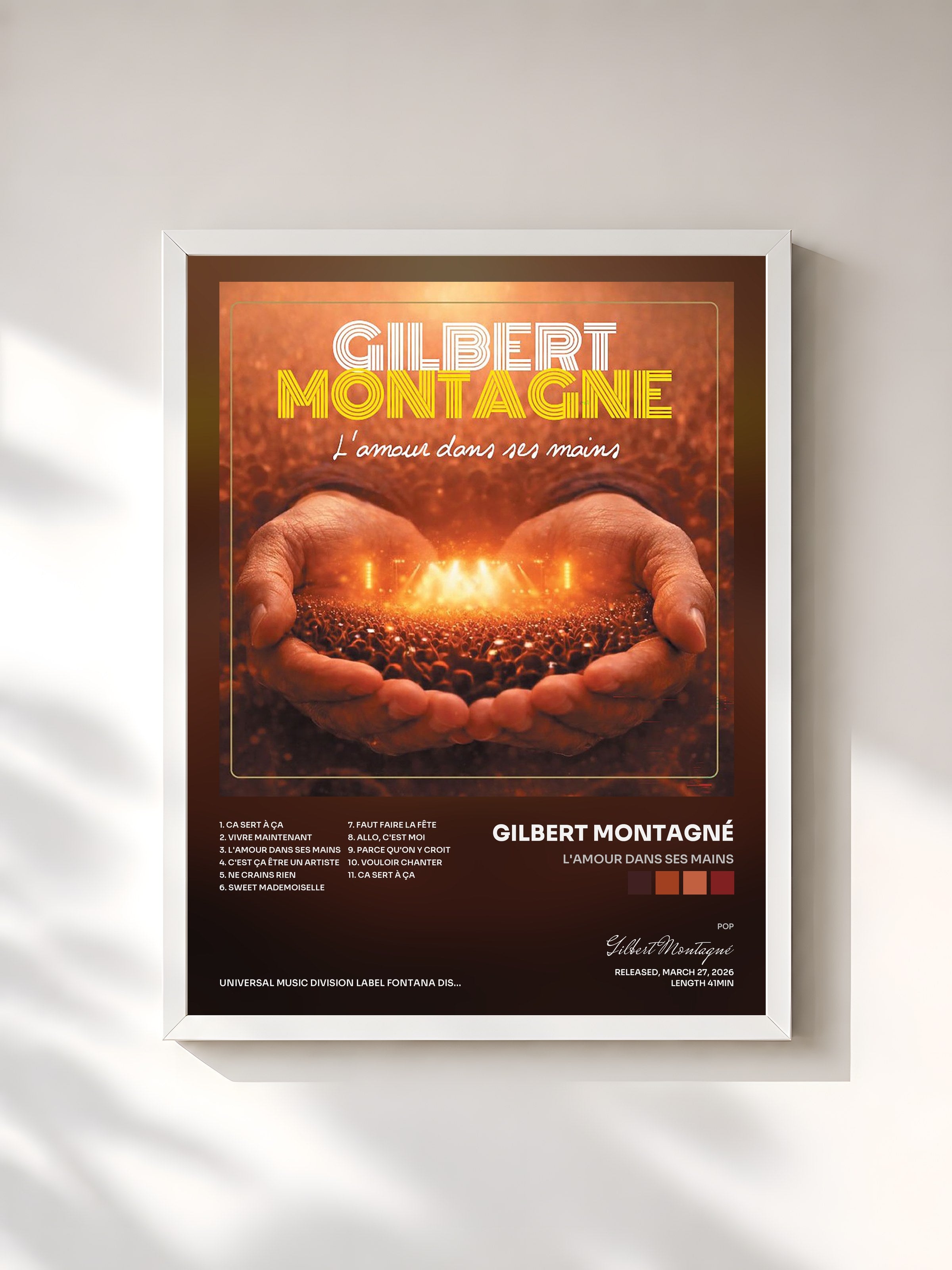 #blanc Tableau de l'album L'amour dans ses mains de Gilbert Montagné, cadre blanc, imprimé et encadré en France