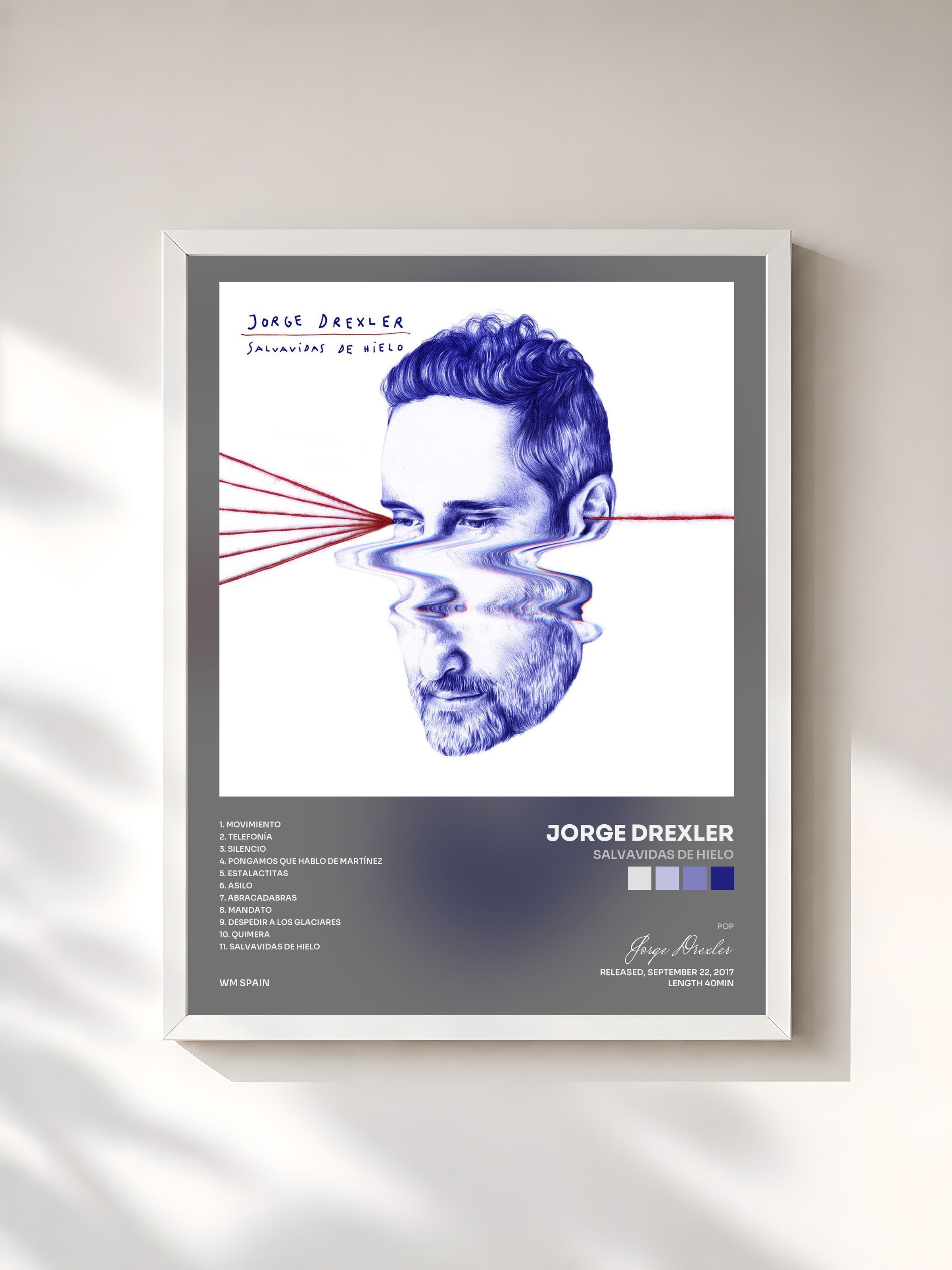 #blanc Tableau de l'album Salvavidas de hielo de Jorge Drexler, cadre blanc, imprimé et encadré en France