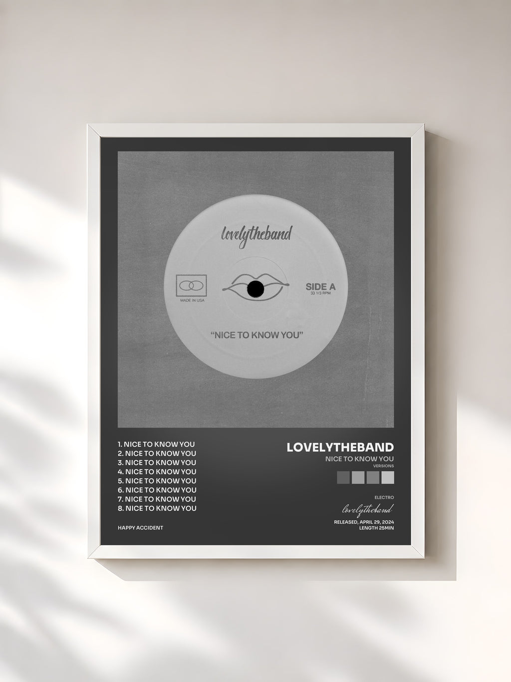 #blanc Tableau de l'album nice to know you (versions) de lovelytheband, cadre blanc, imprimé et encadré en France