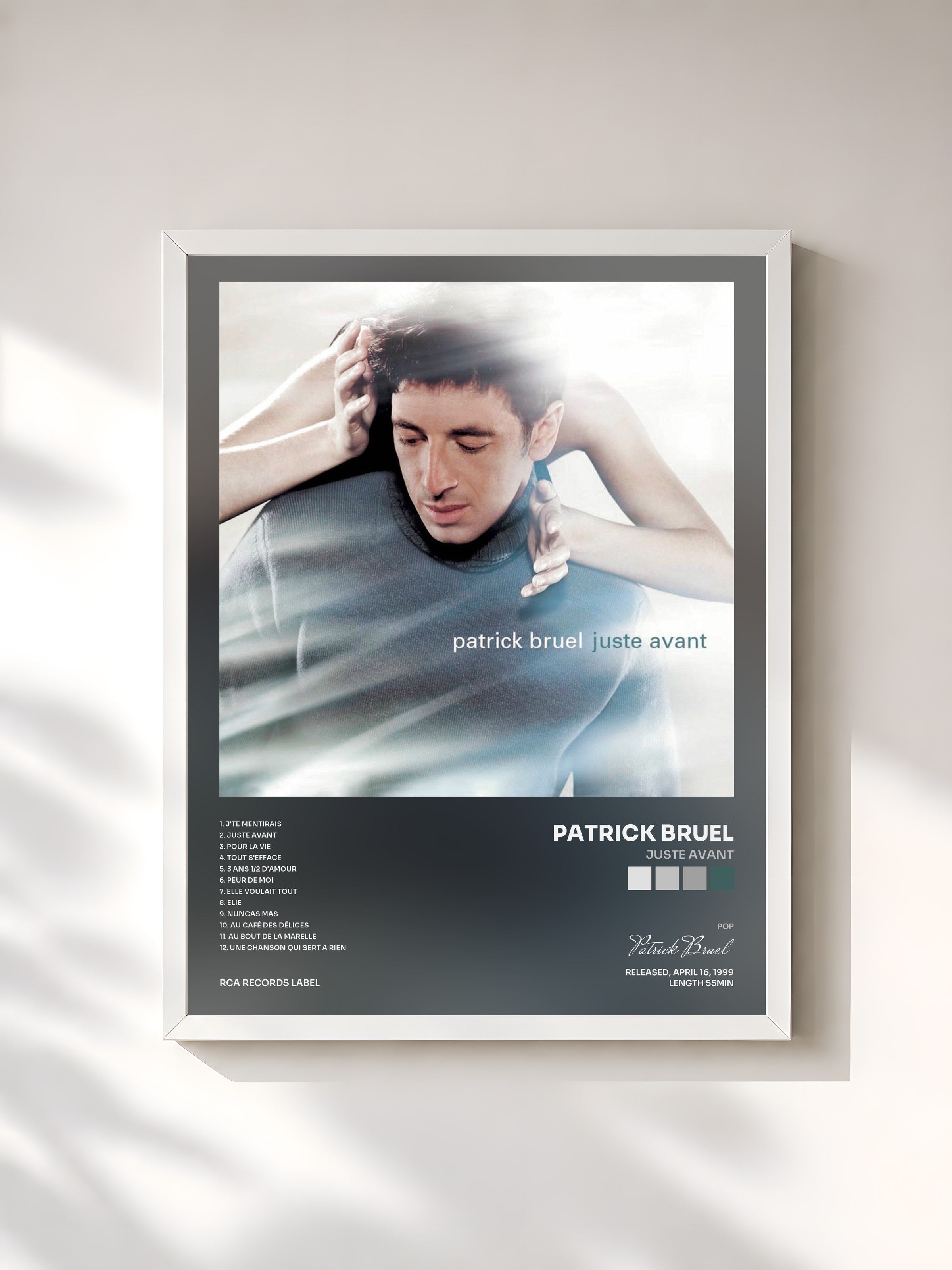 #blanc Tableau de l'album Juste Avant de Patrick Bruel, cadre blanc, imprimé et encadré en France
