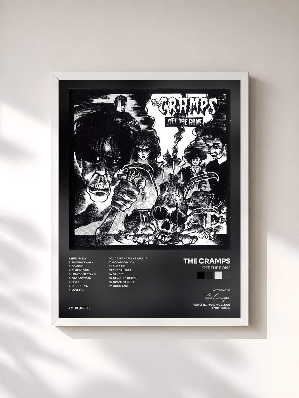 #blanc Off The Bone de The Cramps en lámina enmarcada, marco blanco, impresa y enmarcada en Francia
