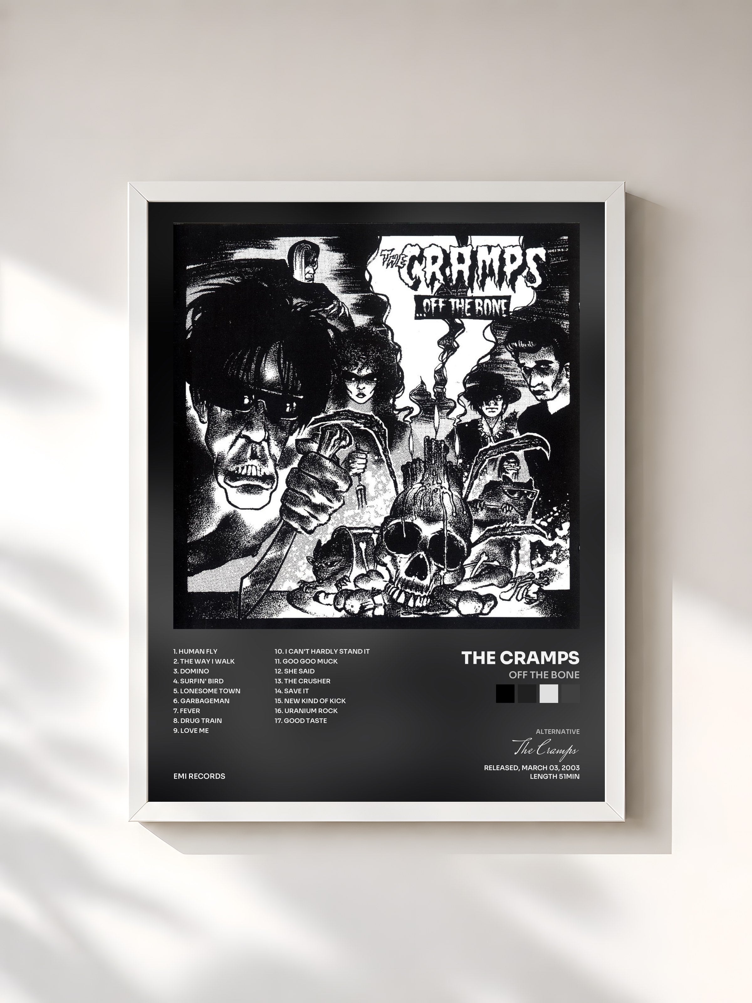 #blanc Tableau de l'album Off The Bone de The Cramps, cadre blanc, imprimé et encadré en France