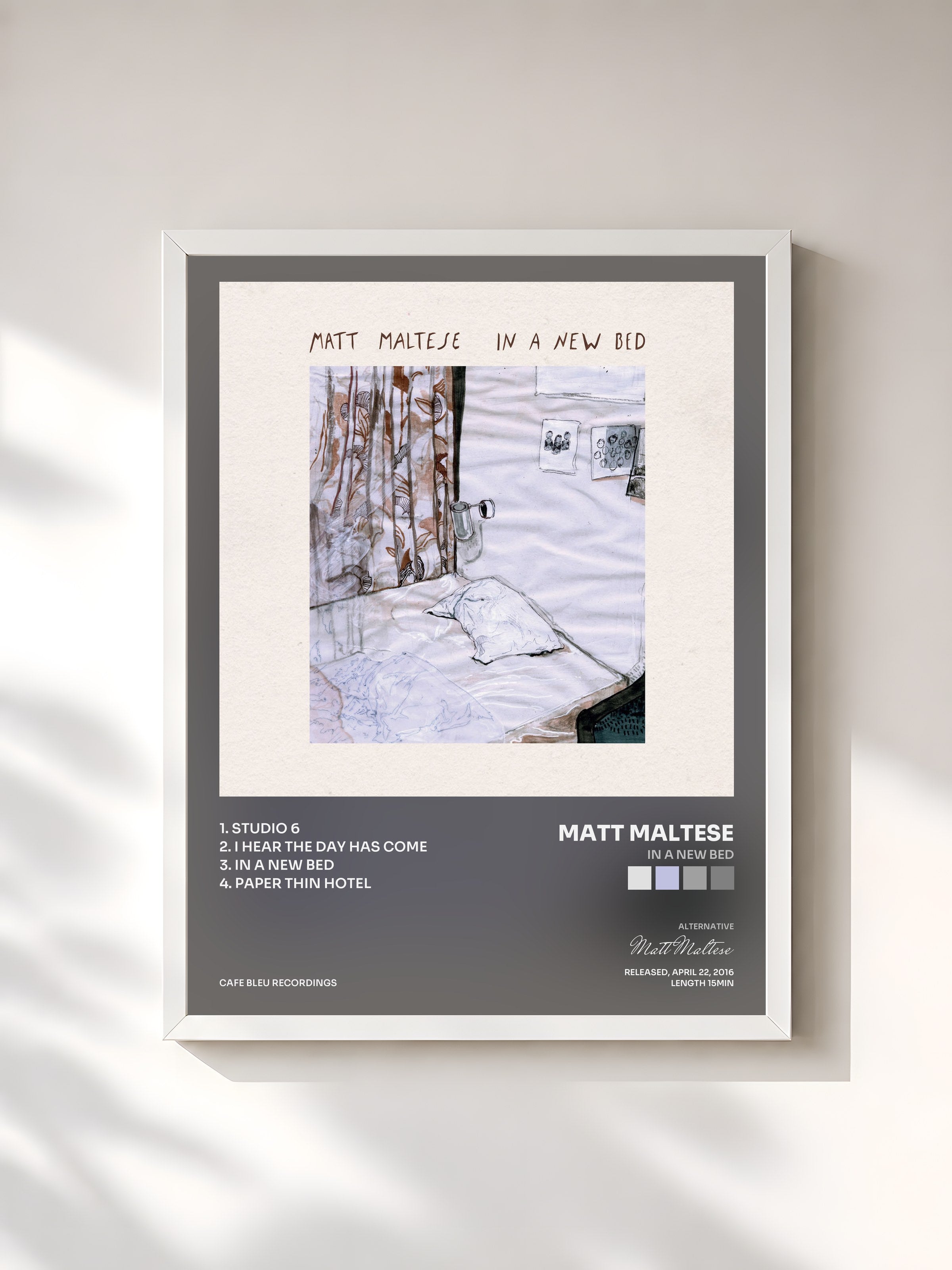 #blanc Tableau de l'album In a New Bed de Matt Maltese, cadre blanc, imprimé et encadré en France